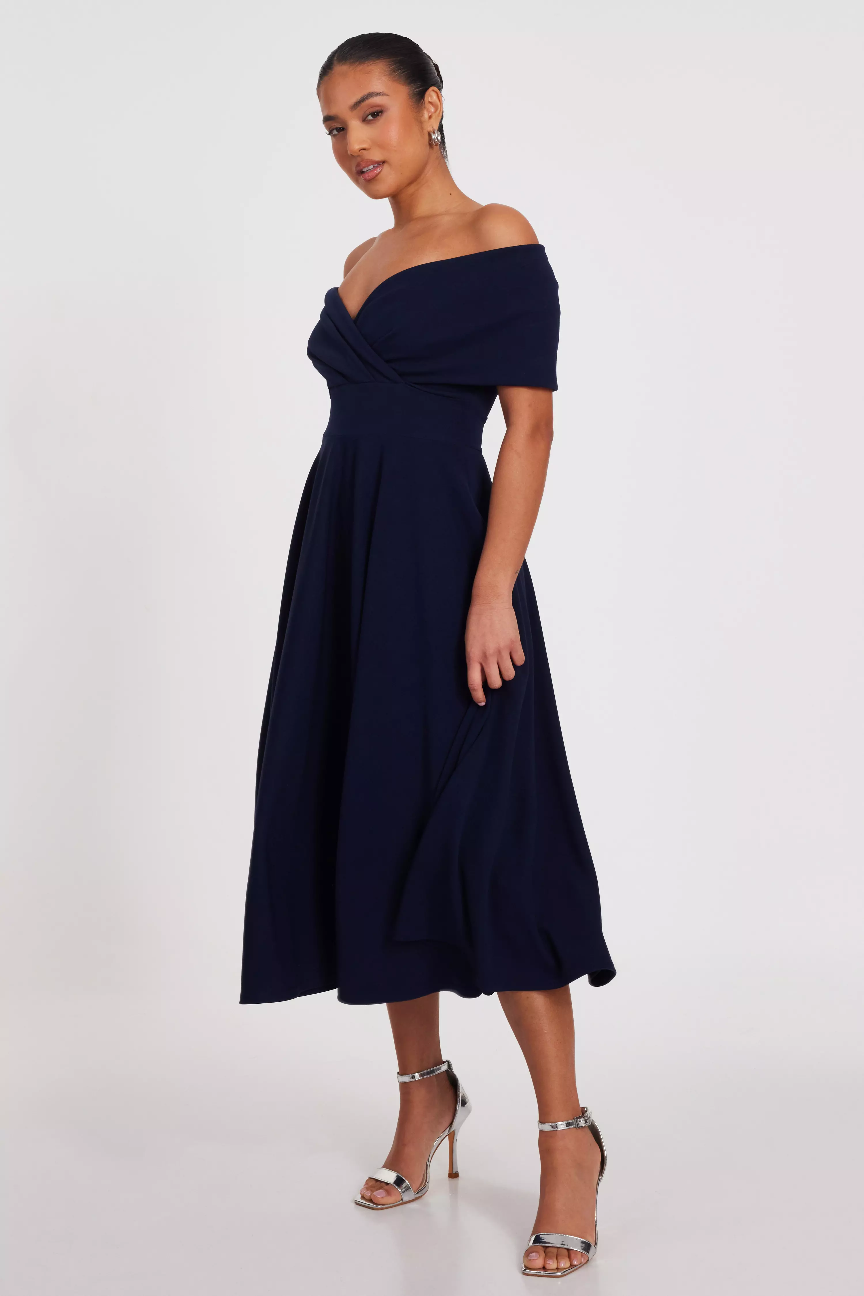 Petite Navy Bardot Midi Dress