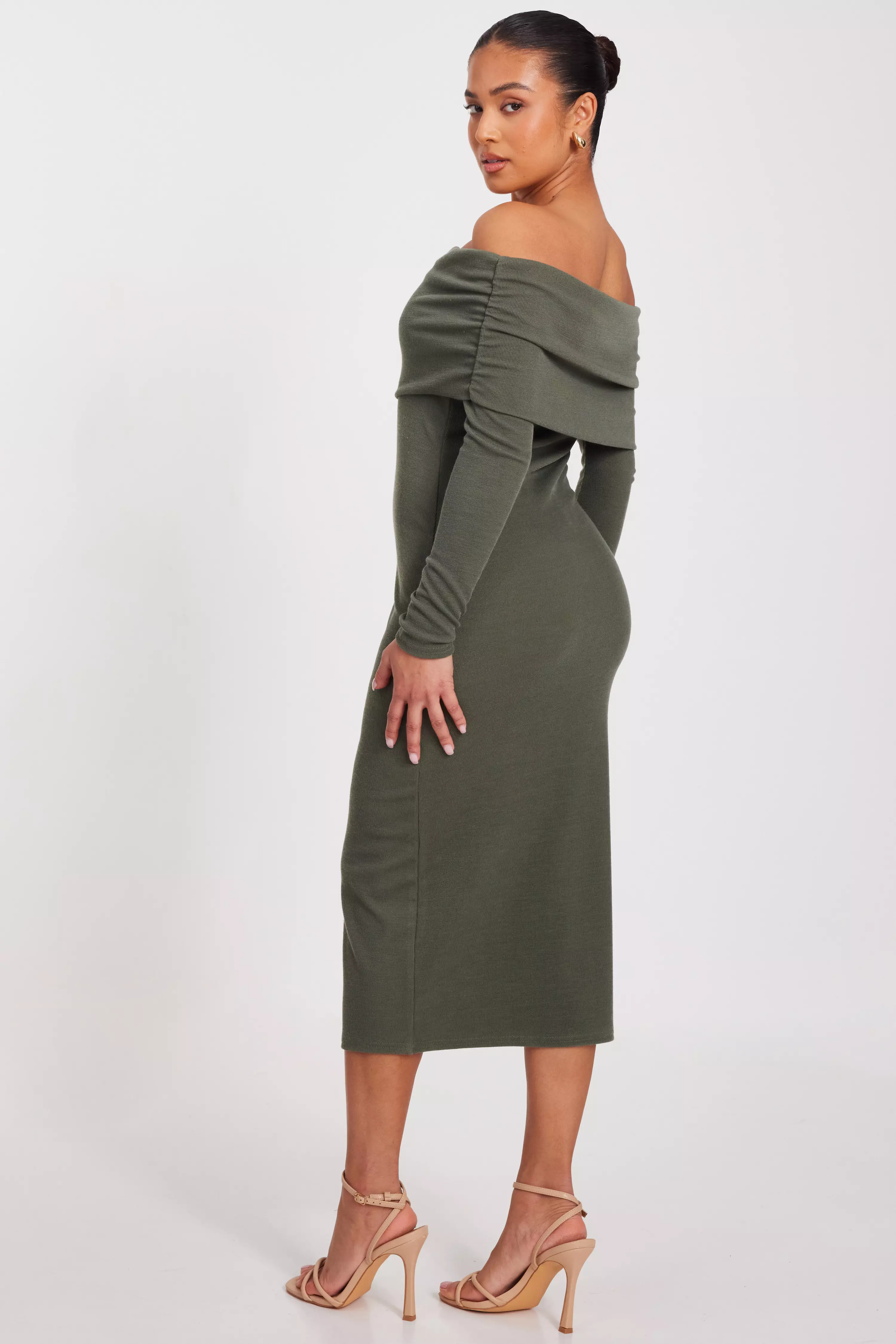 Petite Khaki Ribbed Bardot Midi Dress