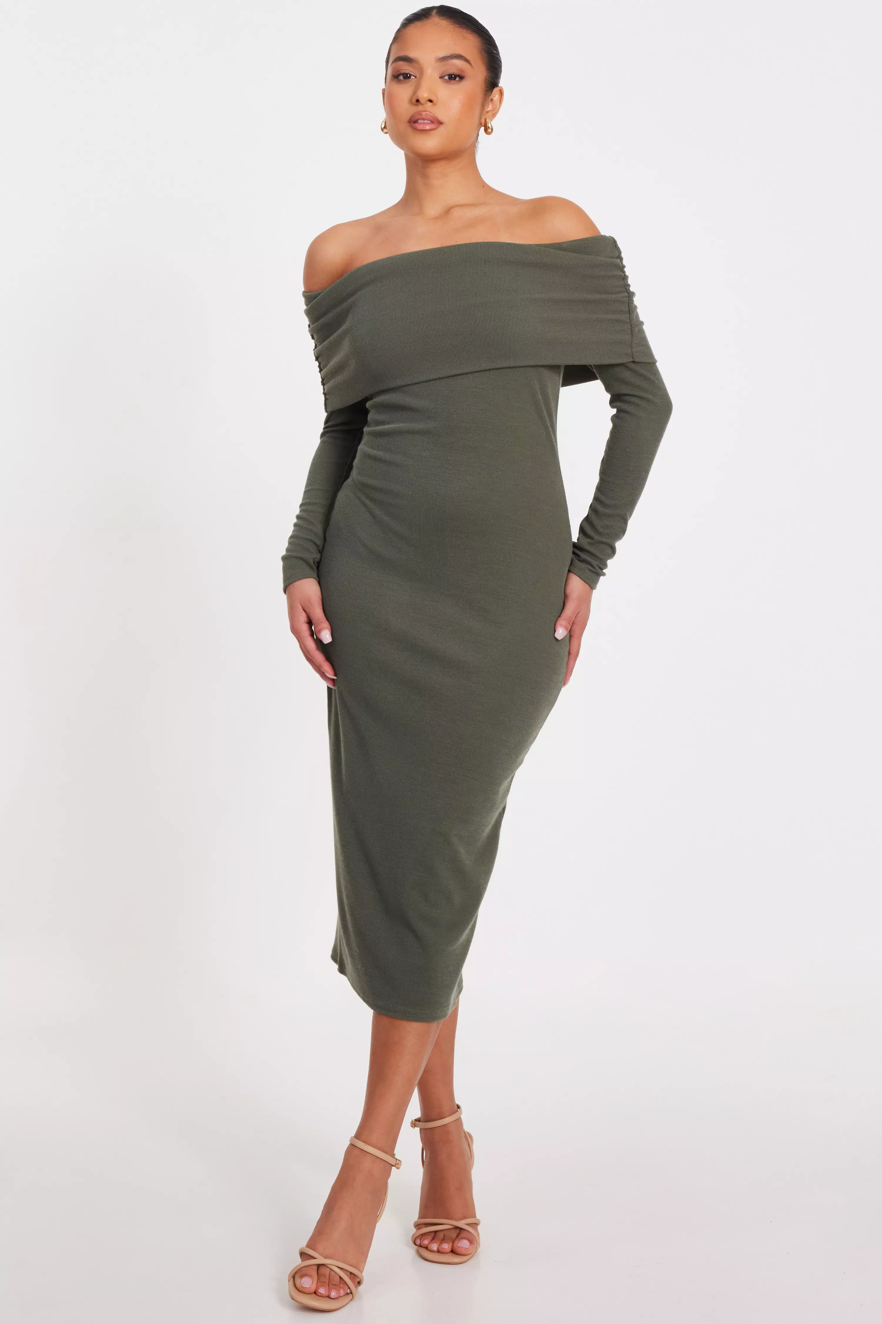 Petite Khaki Ribbed Bardot Midi Dress