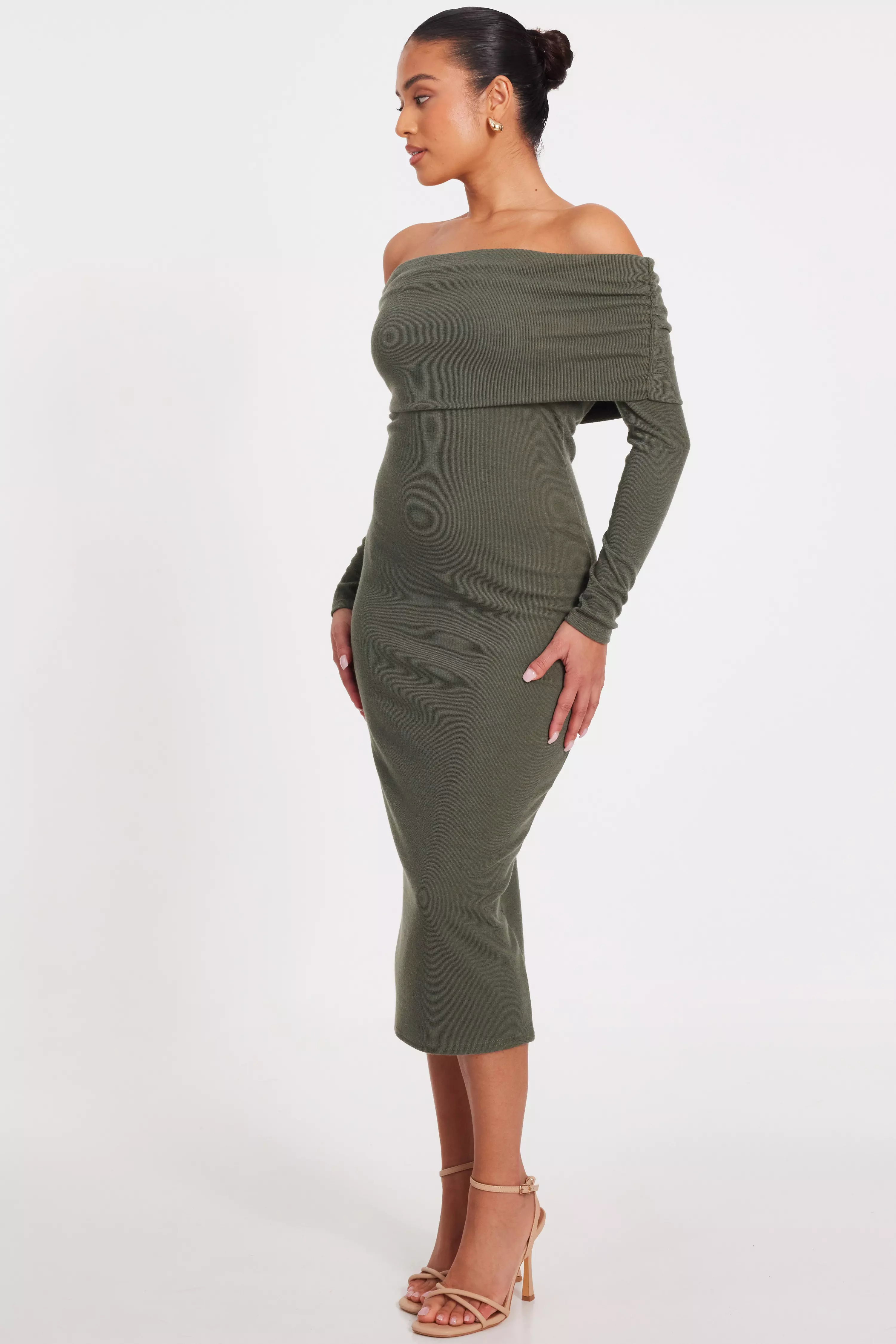 Petite Khaki Ribbed Bardot Midi Dress