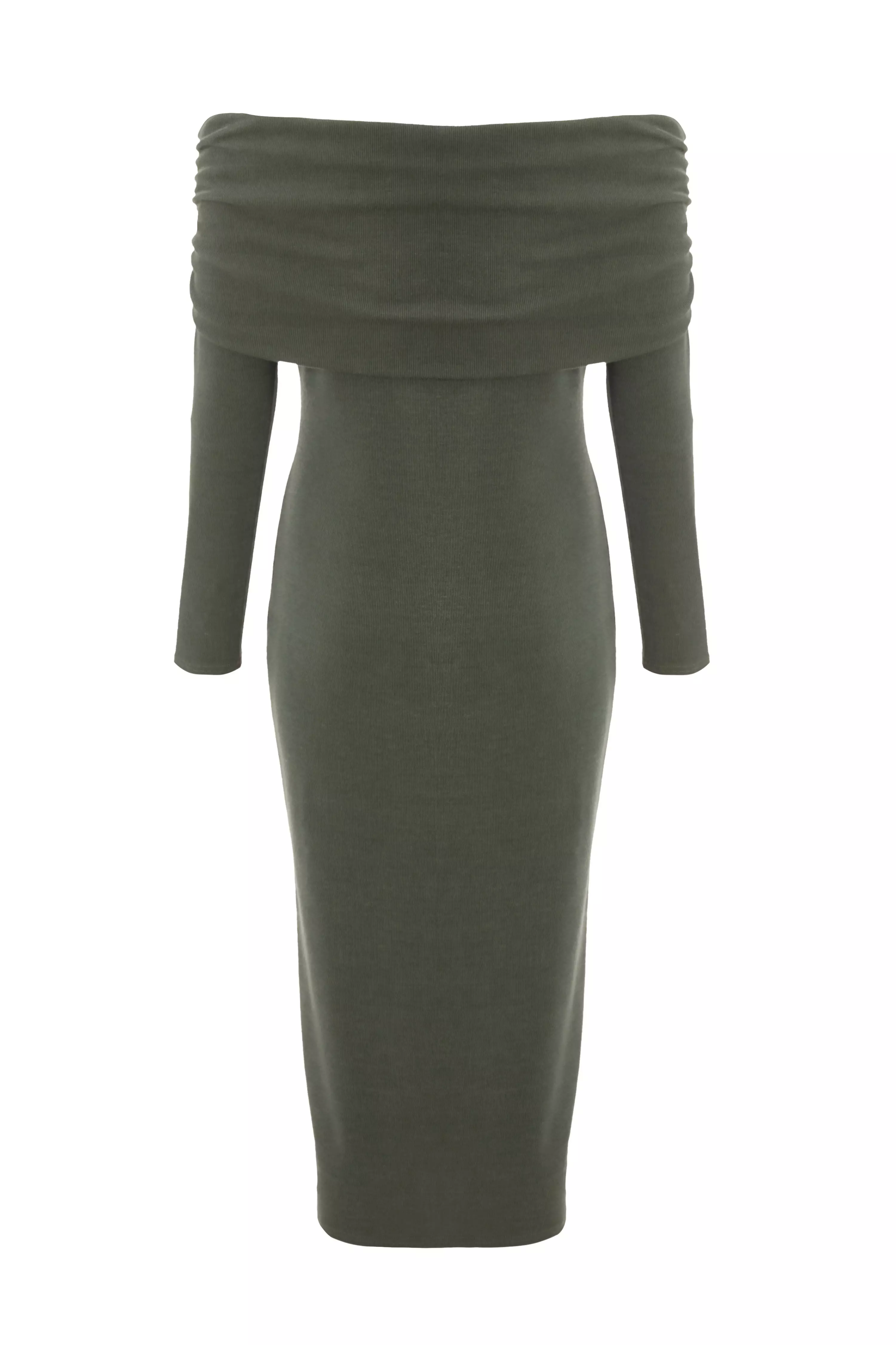 Petite Khaki Ribbed Bardot Midi Dress