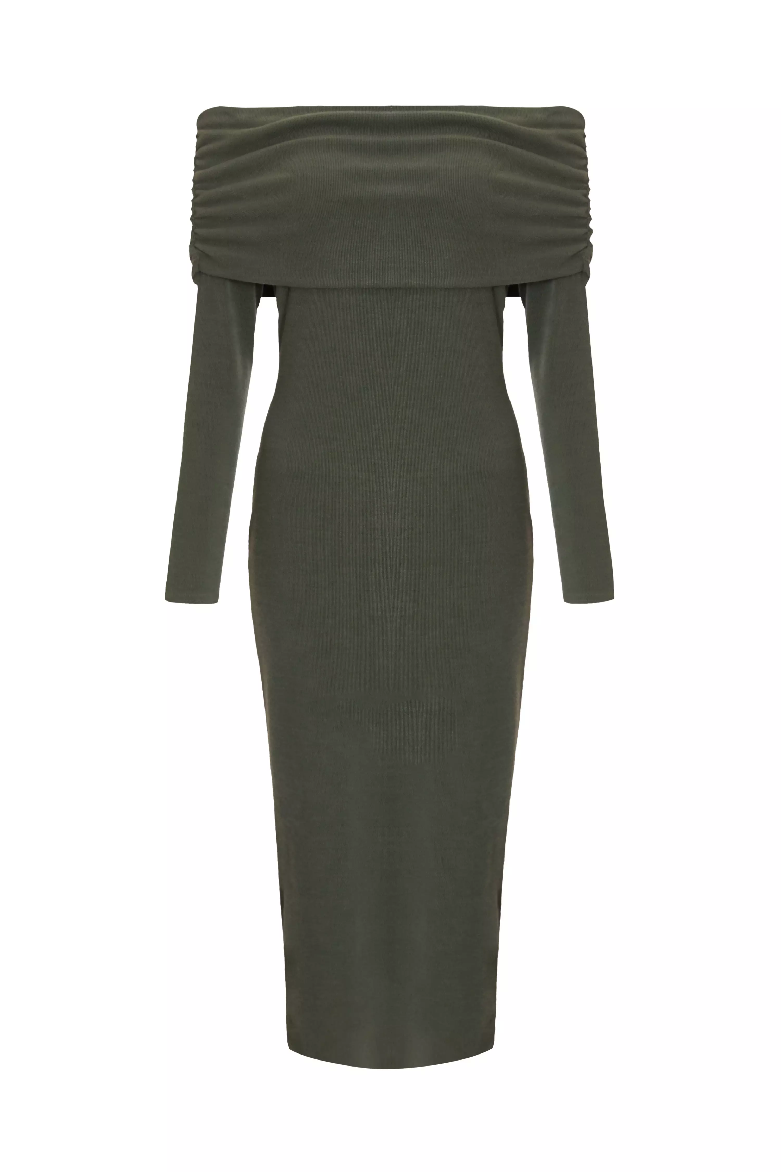 Petite Khaki Ribbed Bardot Midi Dress