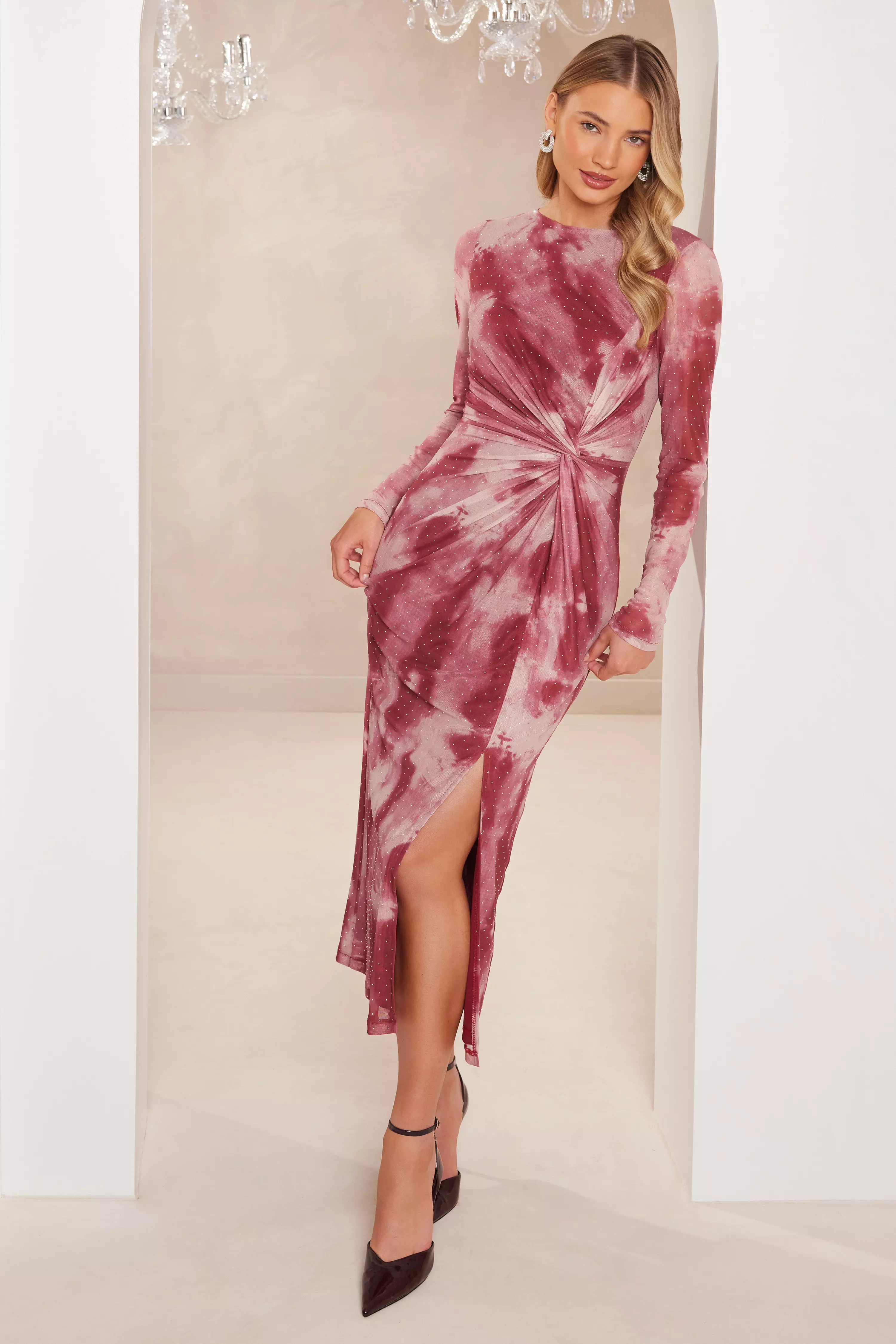 Dark Pink Marble Print Midaxi Dress