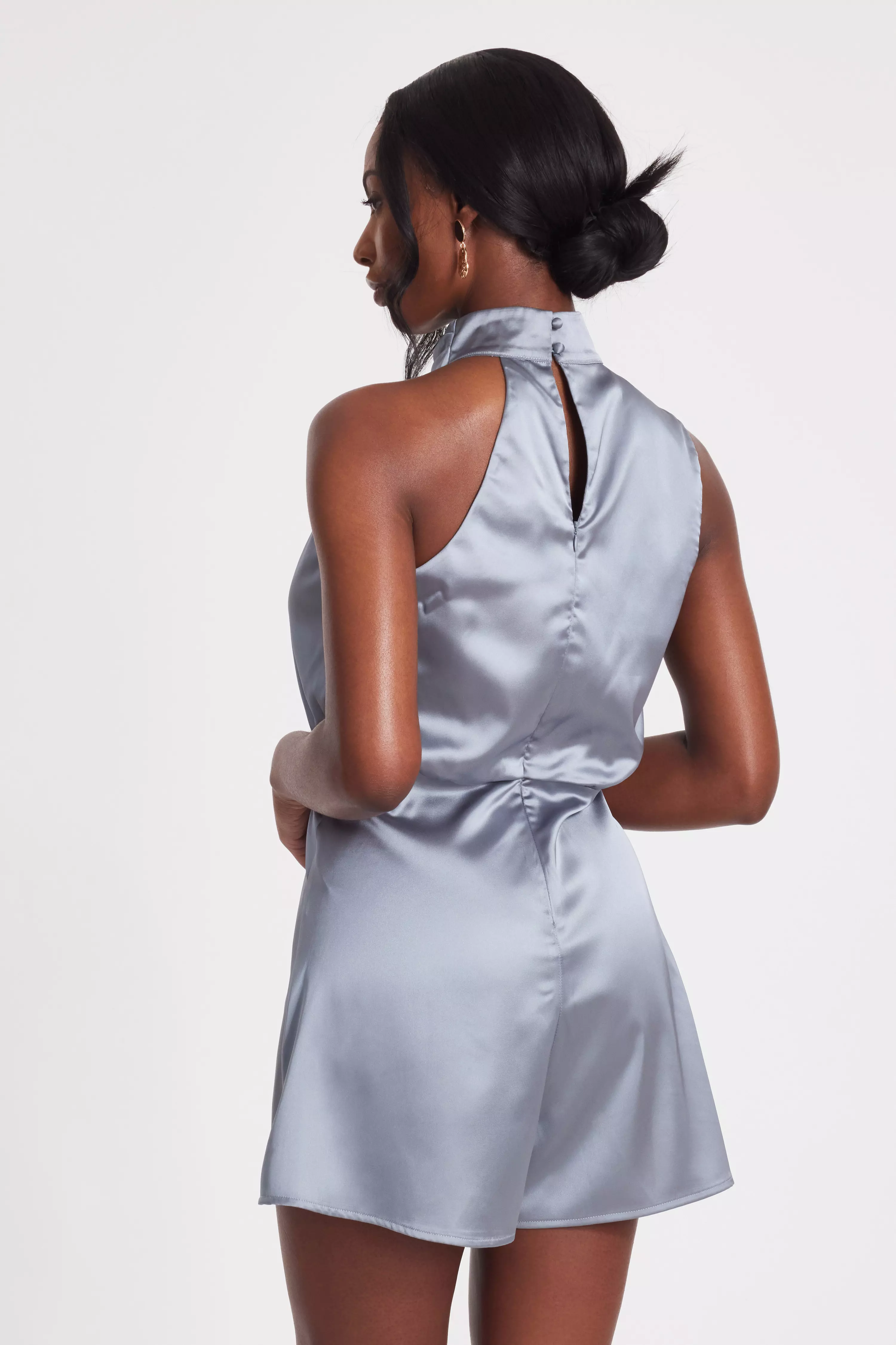 Grey Satin Asymmetric Playsuit 