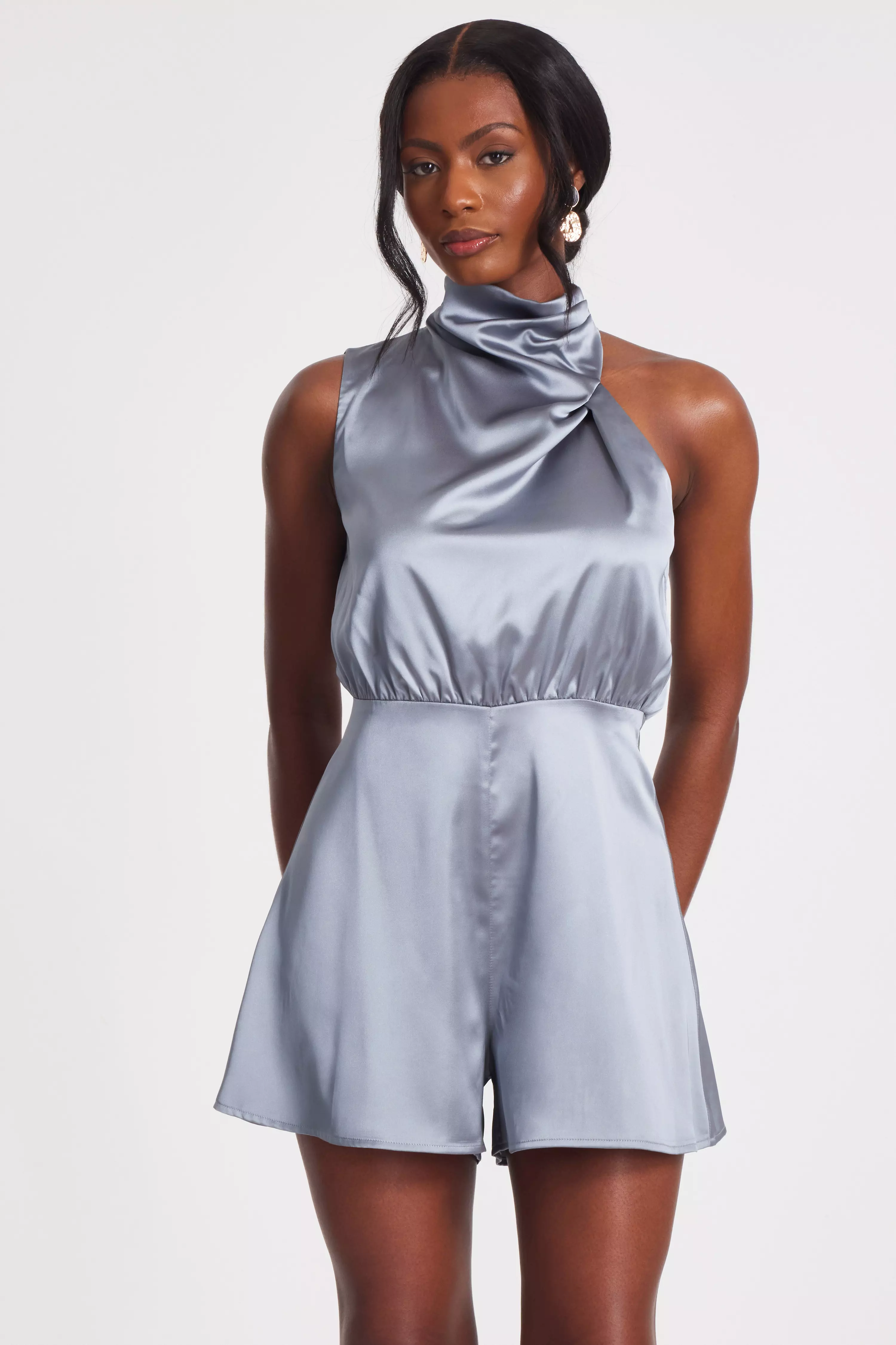 Grey Satin Asymmetric Playsuit 