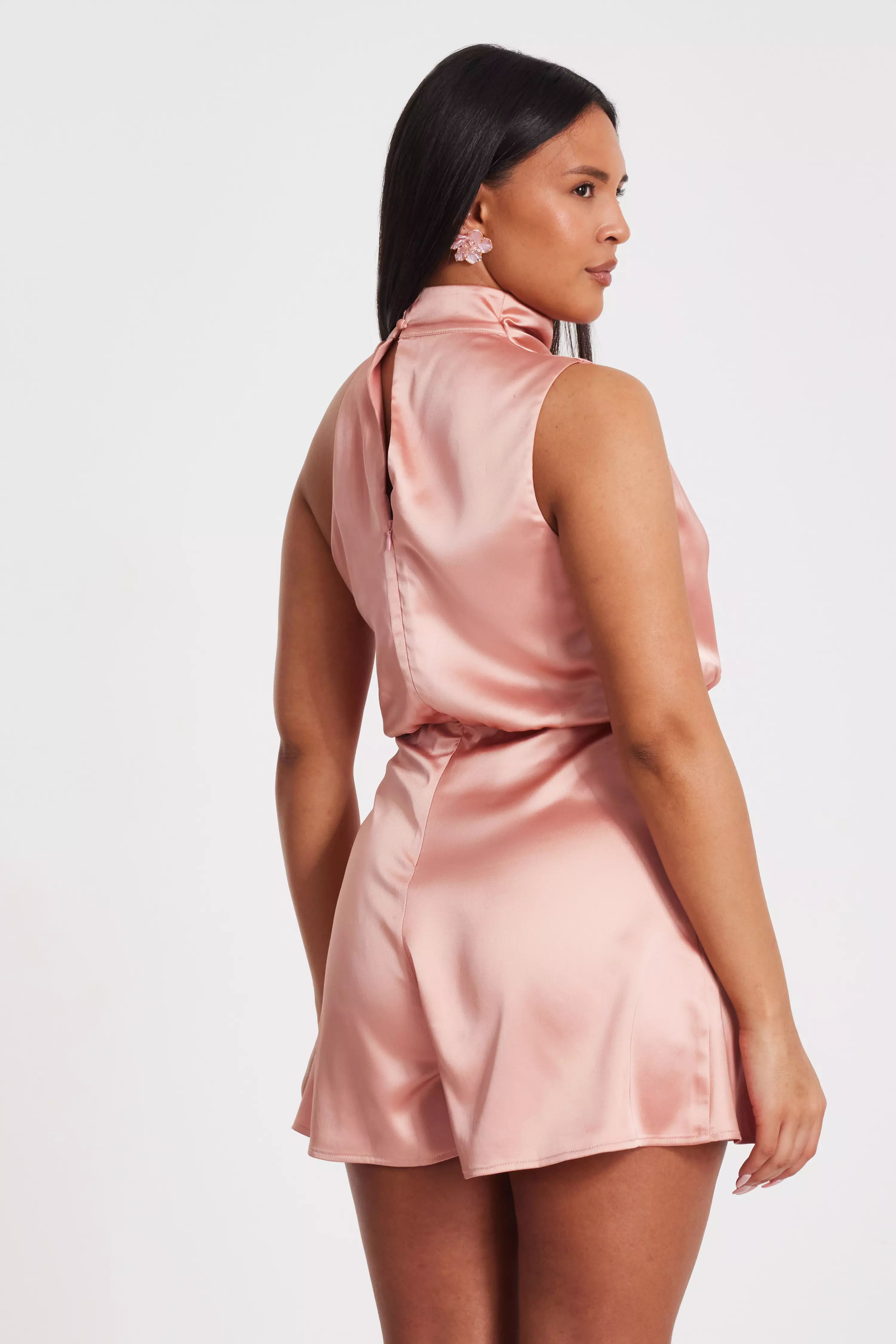 Peach Satin Asymmetric Playsuit 