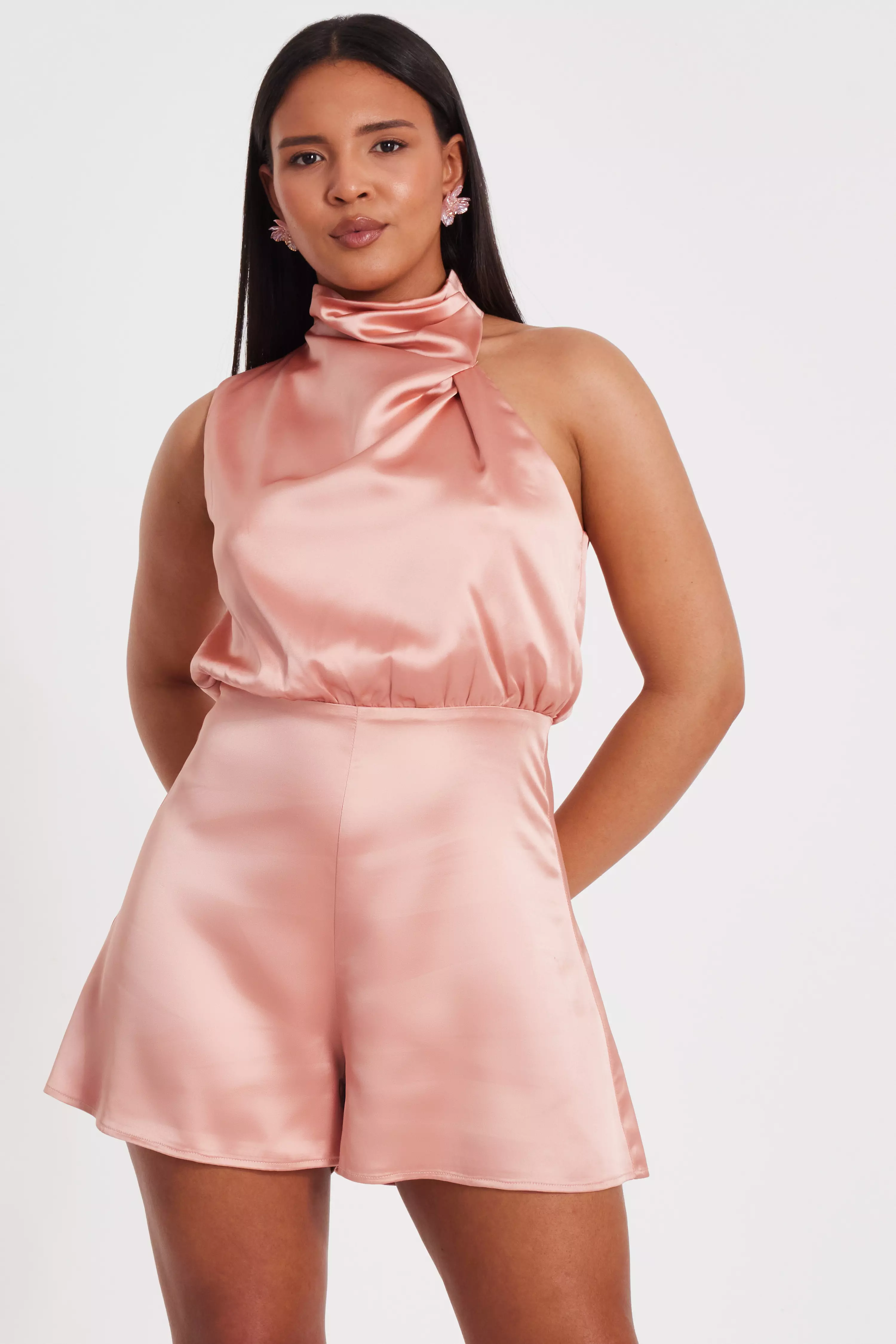 Peach Satin Asymmetric Playsuit 