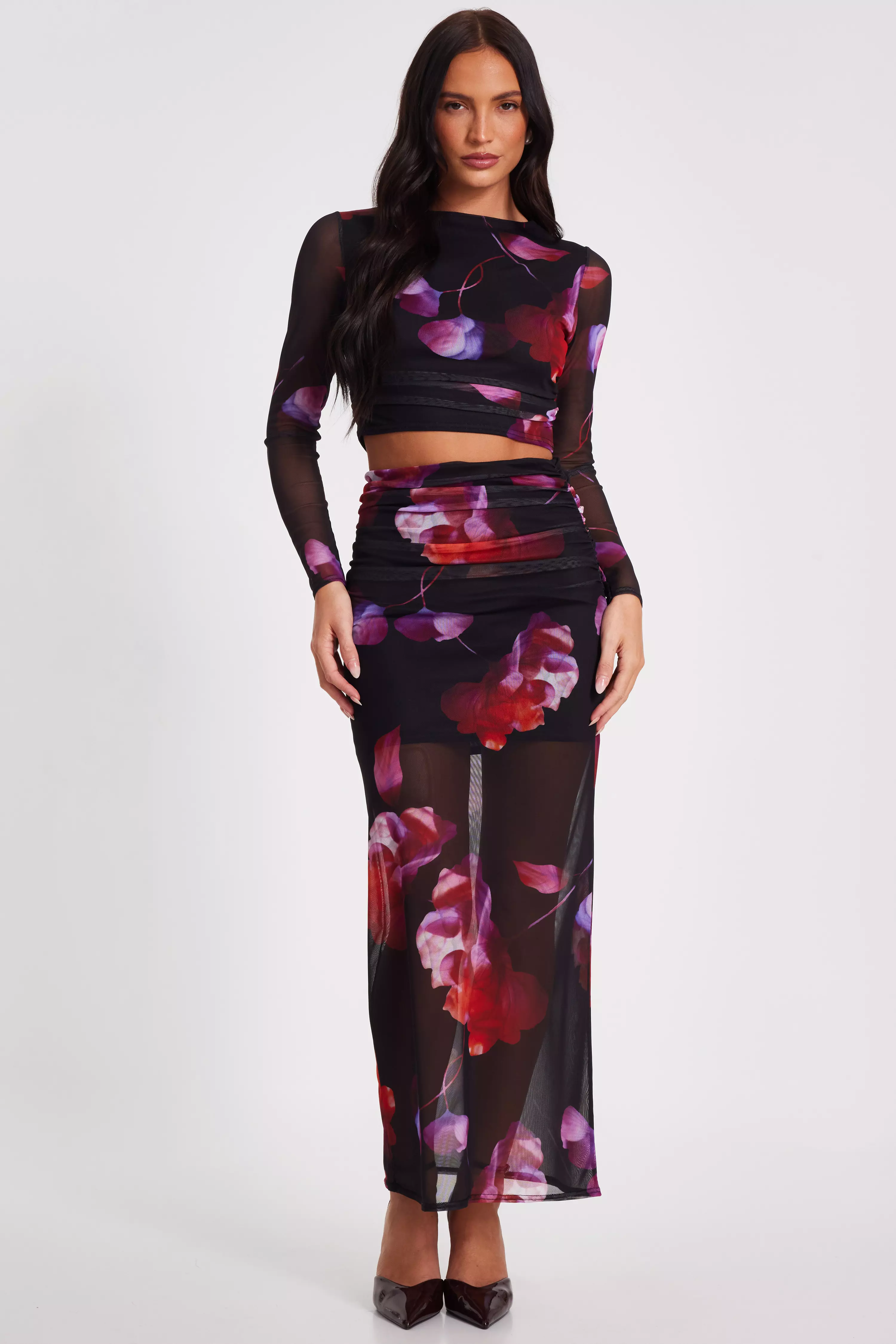 Black Floral Mesh Maxi Skirt