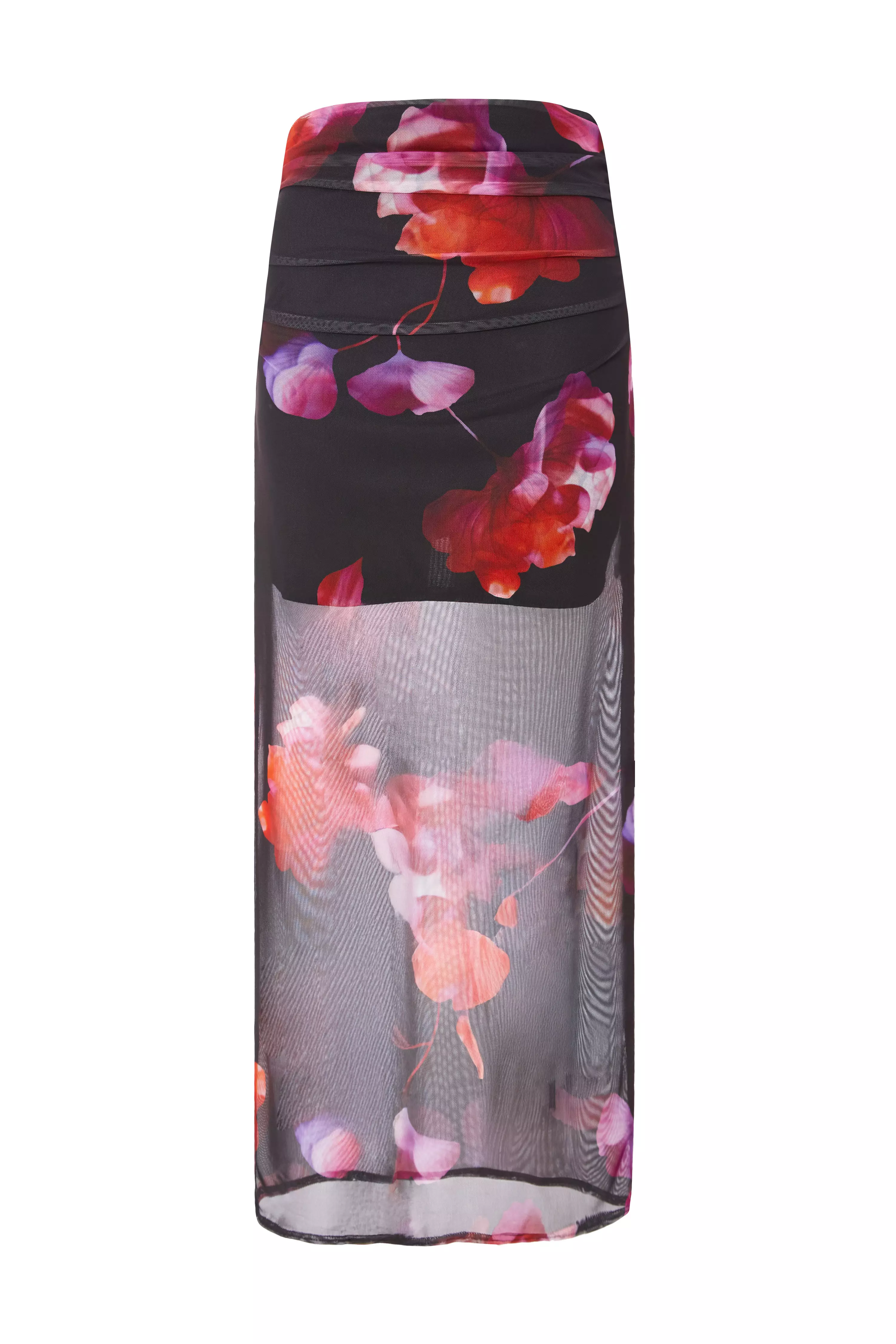 Black Floral Mesh Maxi Skirt