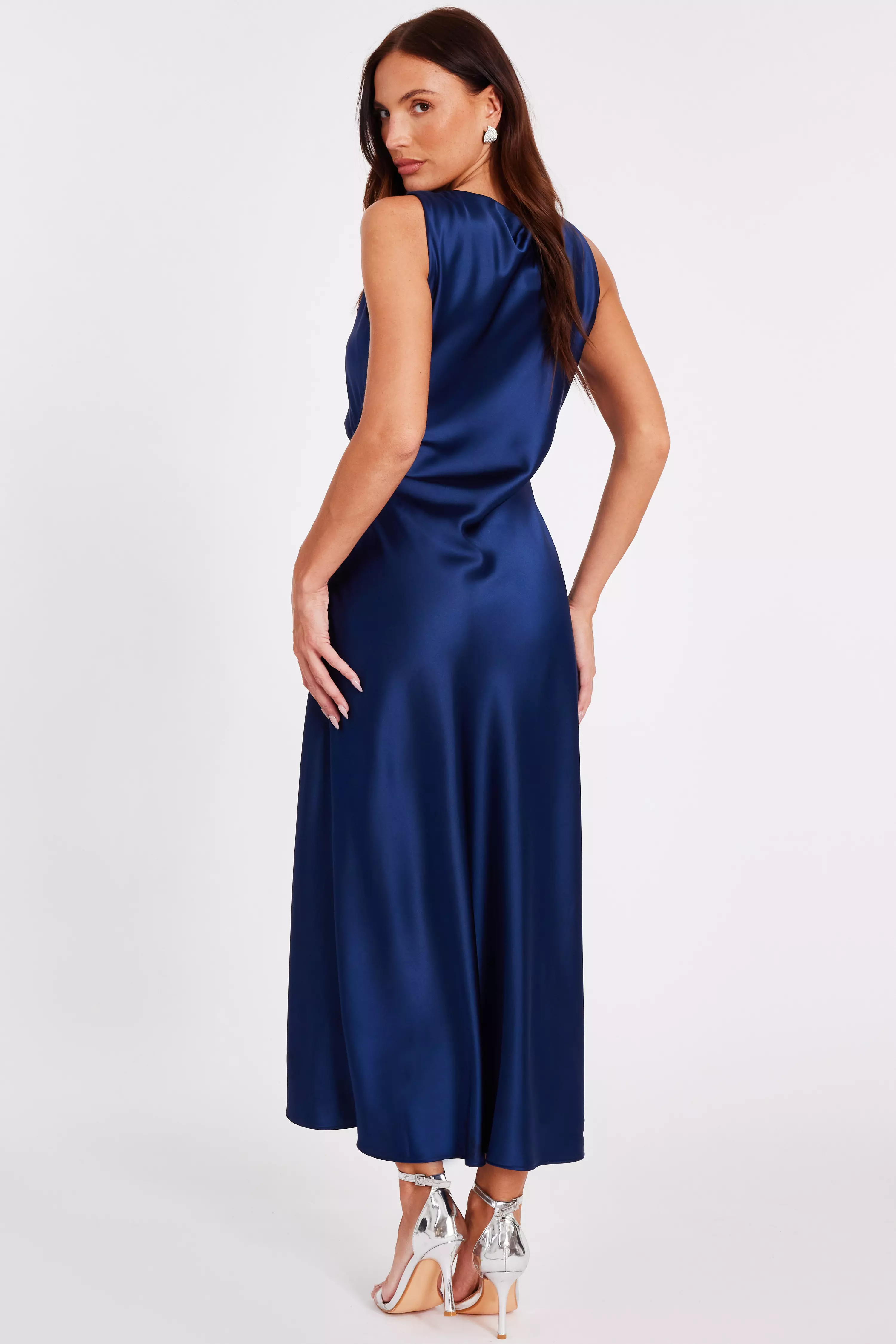 Navy Satin Ruched Midaxi Dress