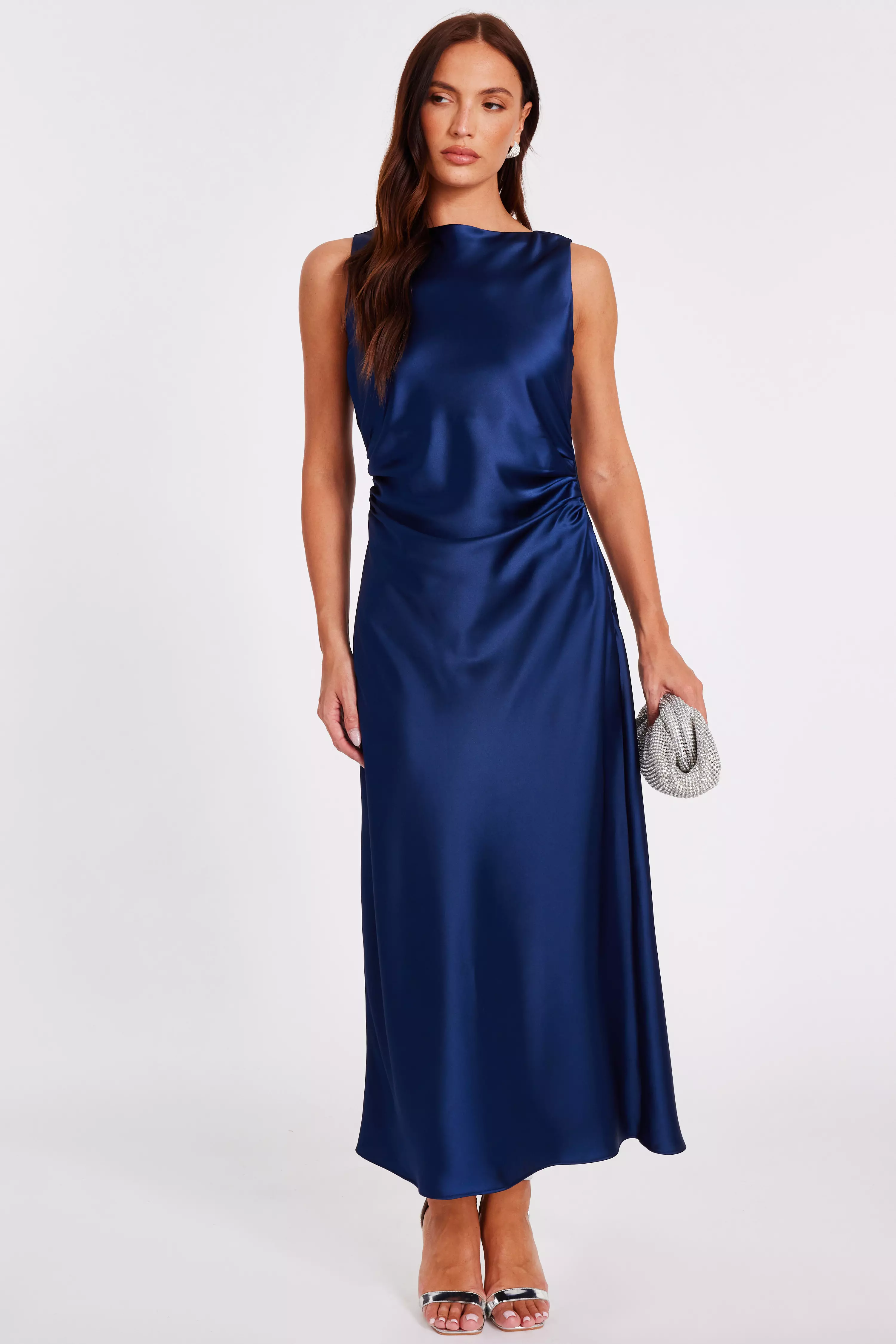 Navy Satin Ruched Midaxi Dress