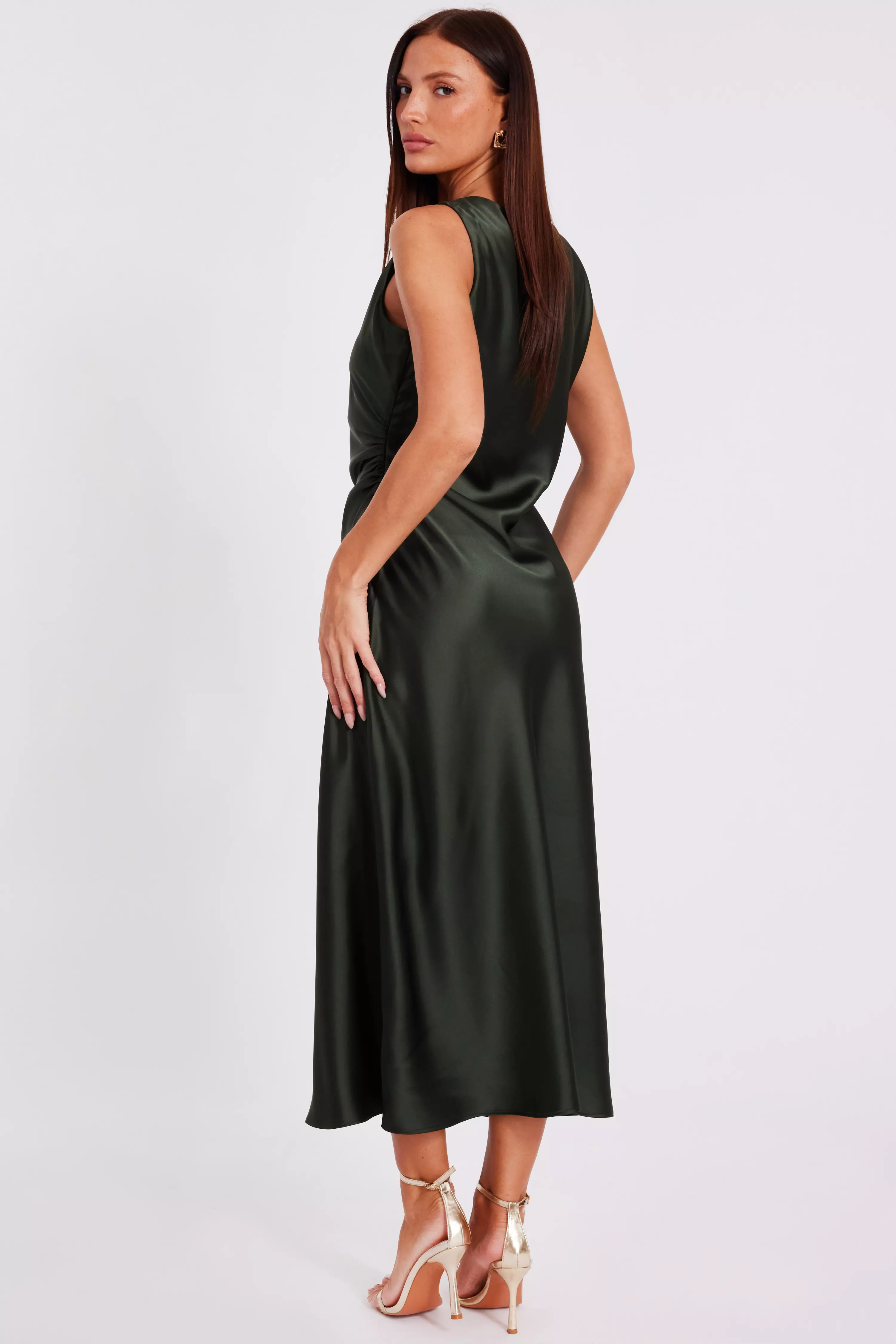 Olive Satin Ruched Midi Dress