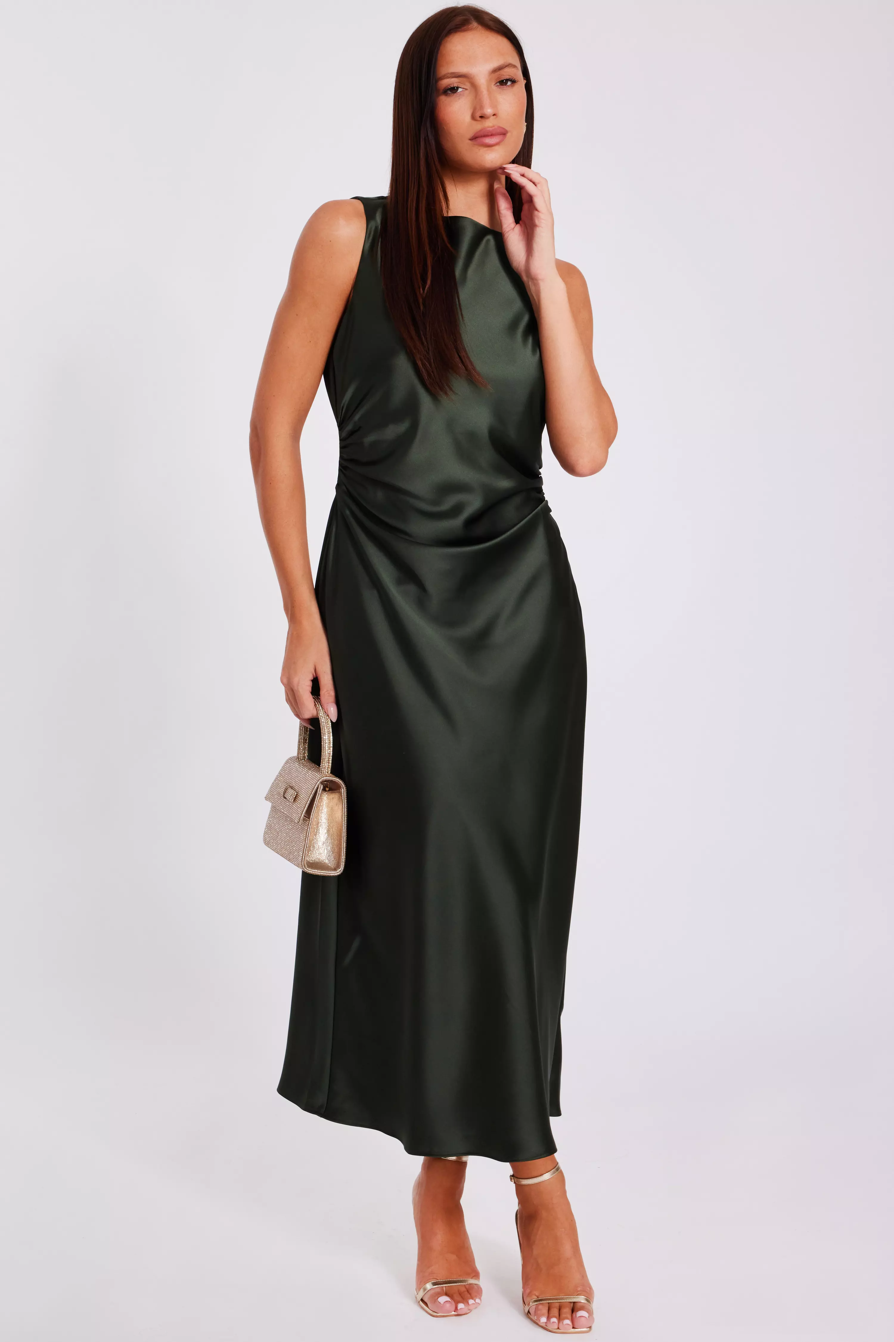 Olive Satin Ruched Midi Dress