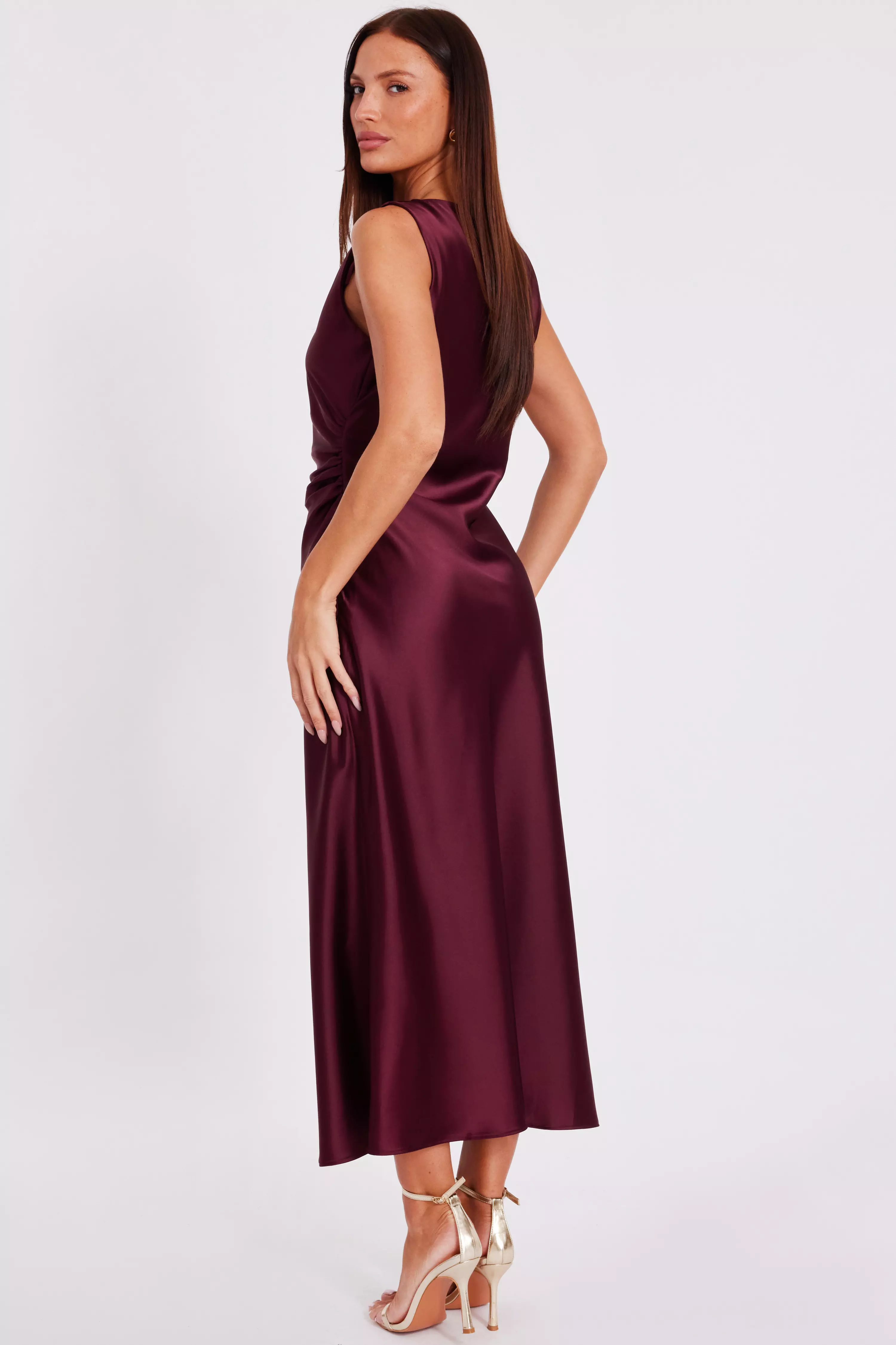 Dark Red Satin Ruched Midi Dress