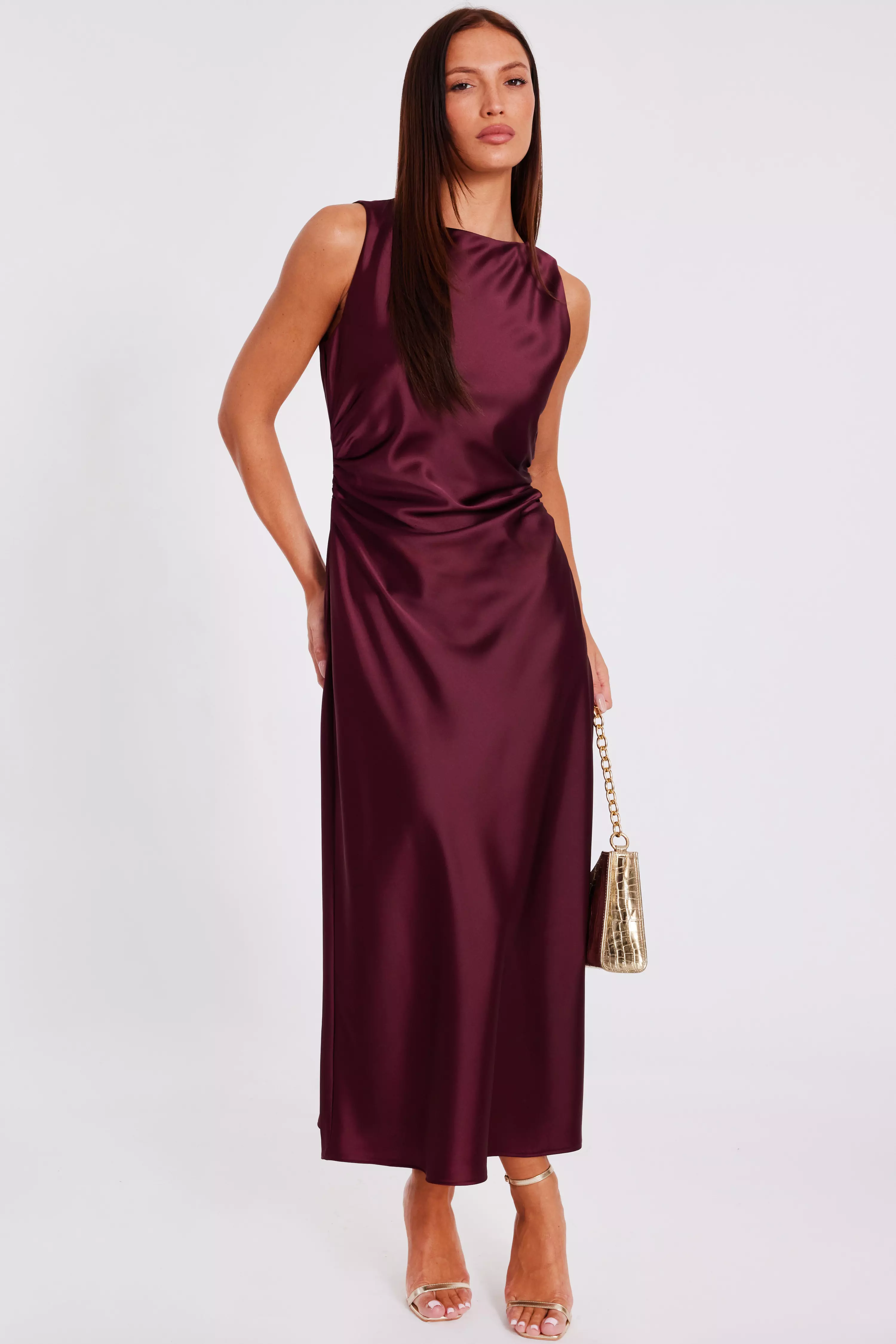 Dark Red Satin Ruched Midi Dress
