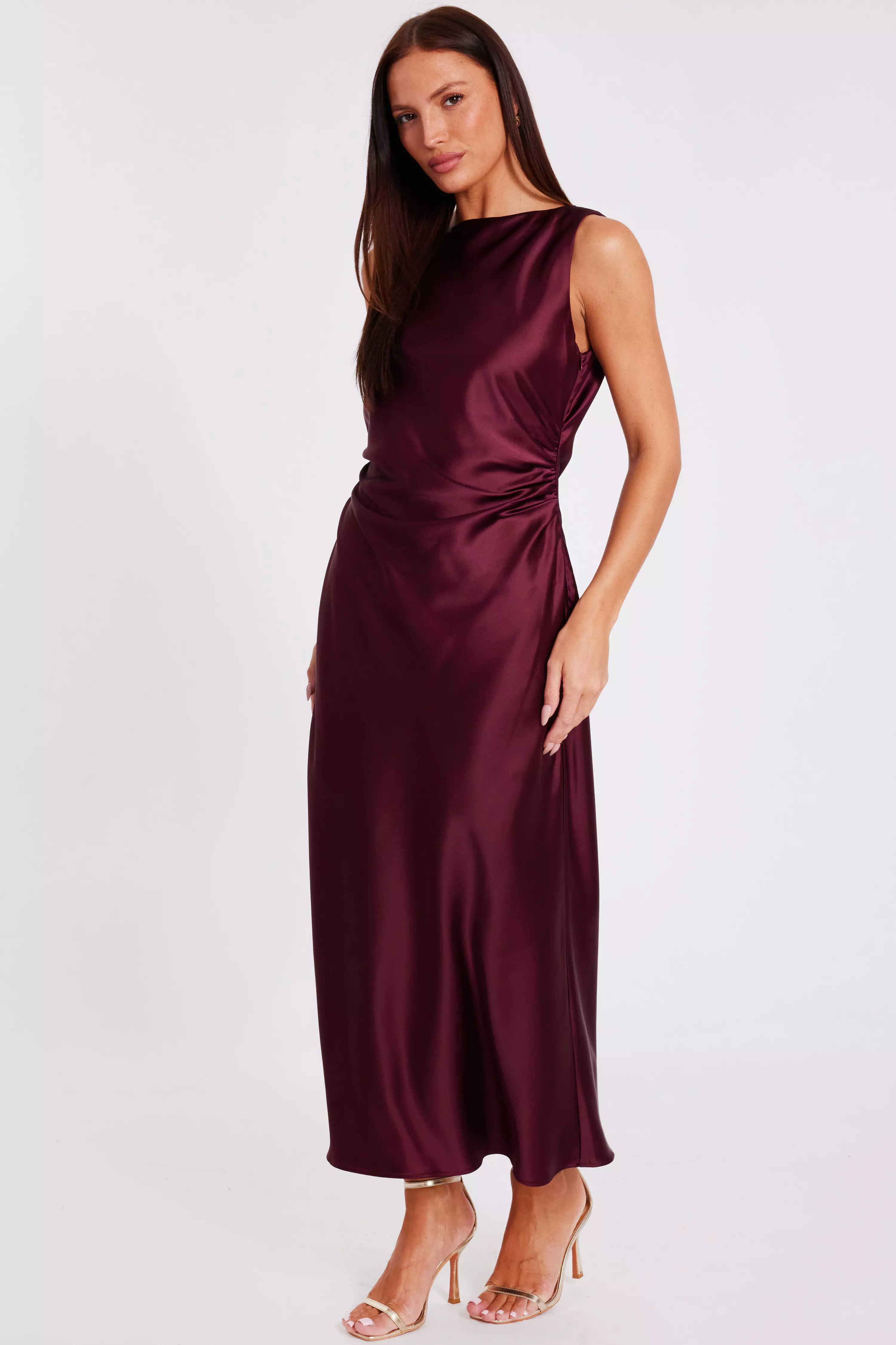 Dark Red Satin Ruched Midi Dress