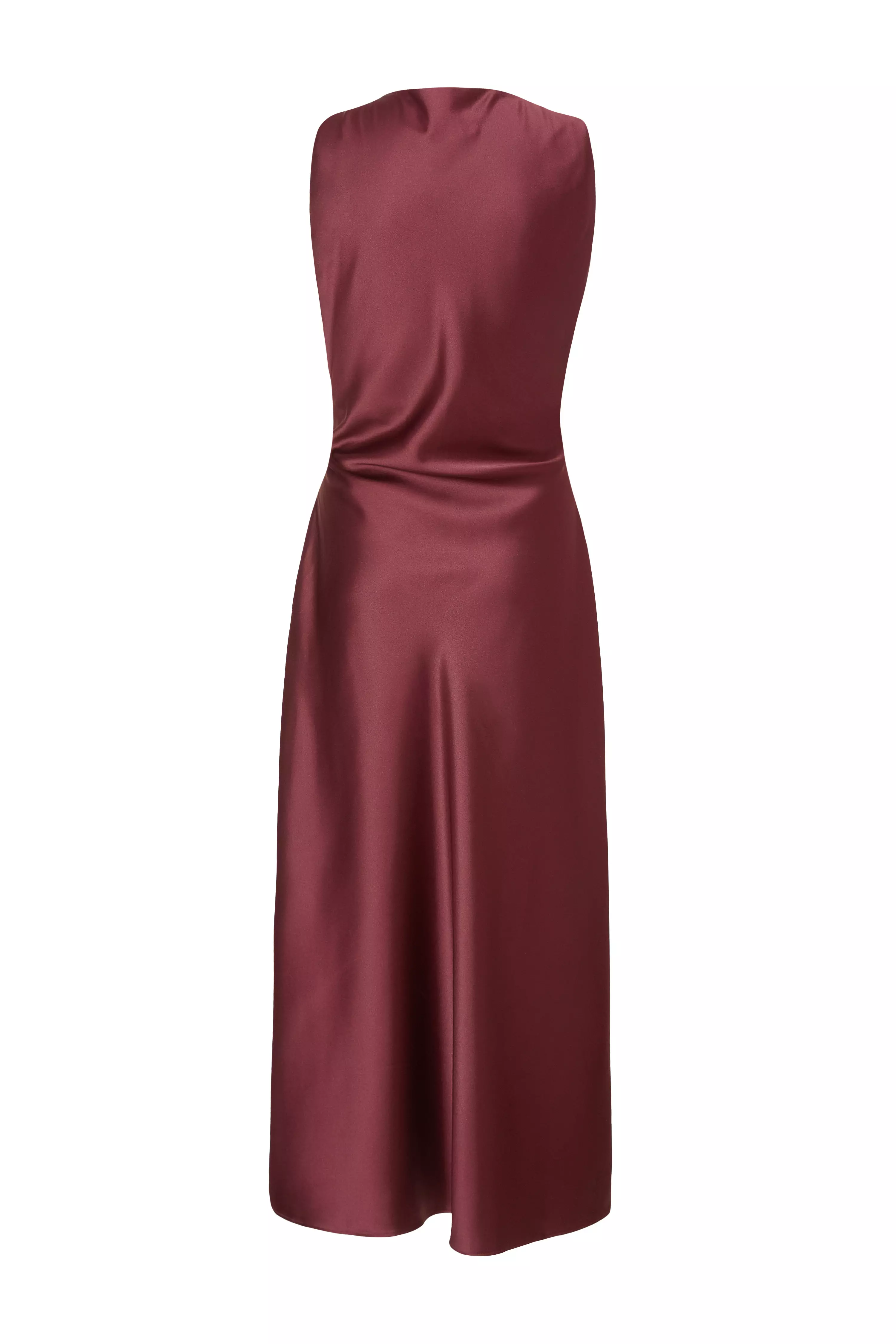 Dark Red Satin Ruched Midi Dress
