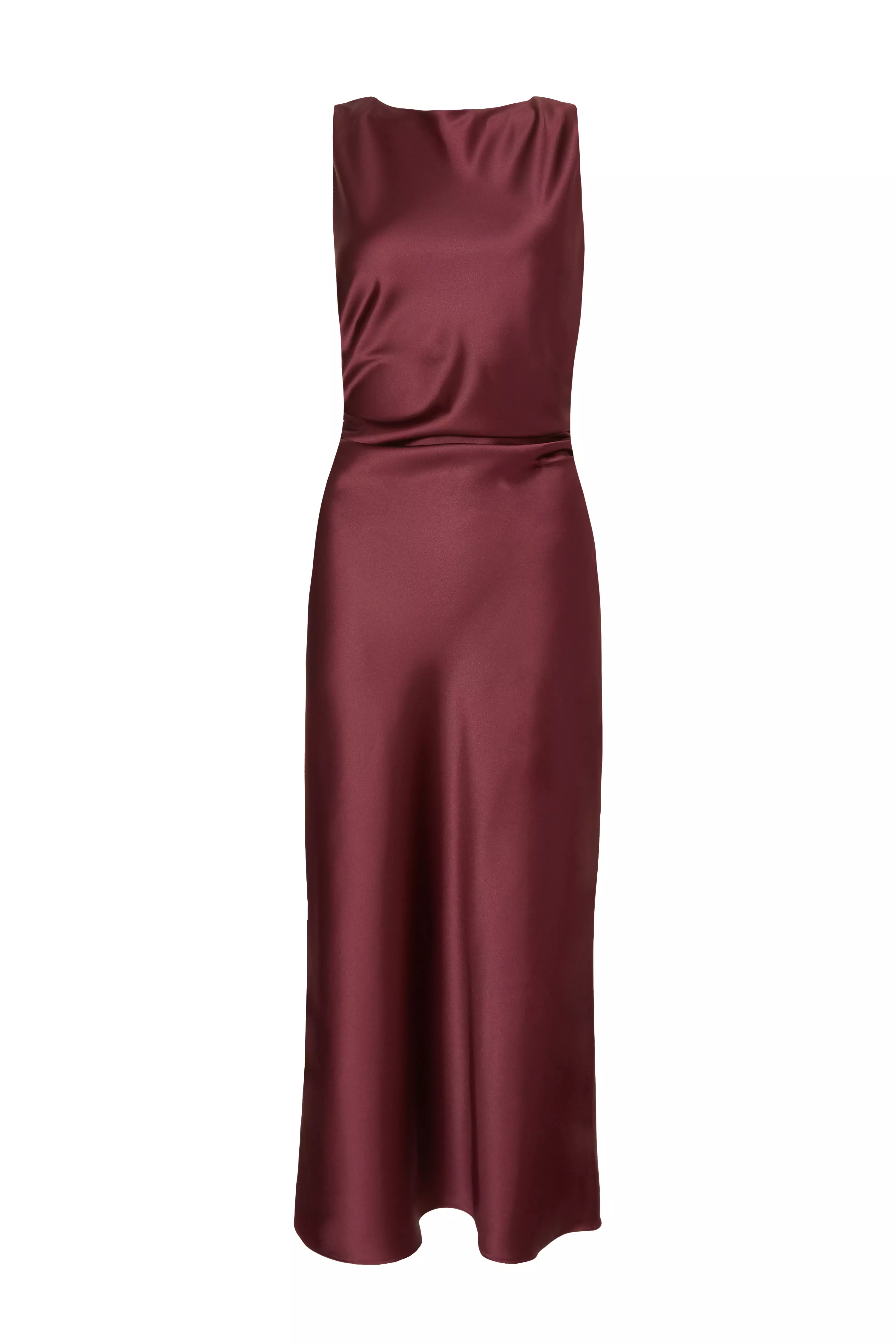 Dark Red Satin Ruched Midi Dress