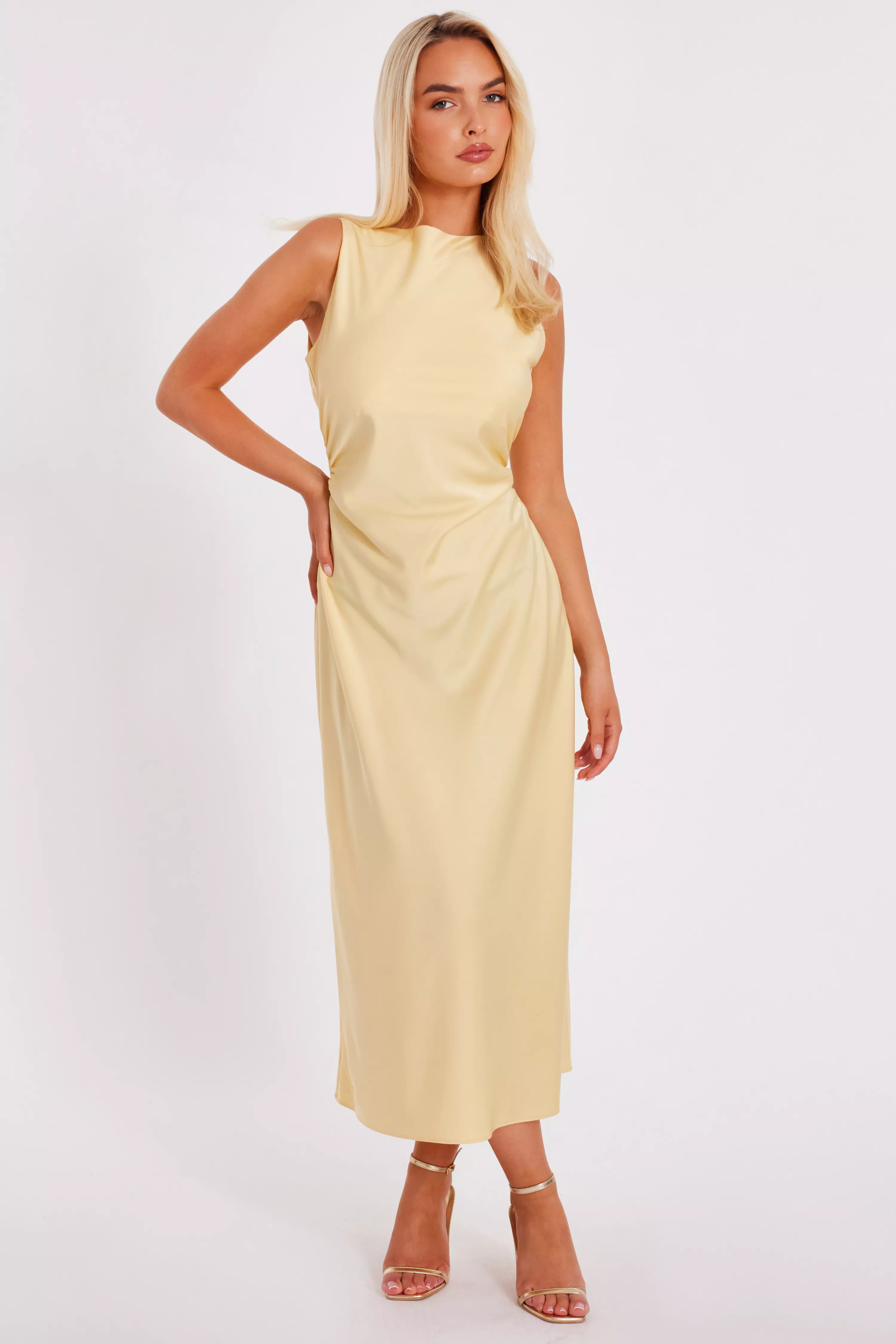 Light Yellow Satin Ruched Midi Dress