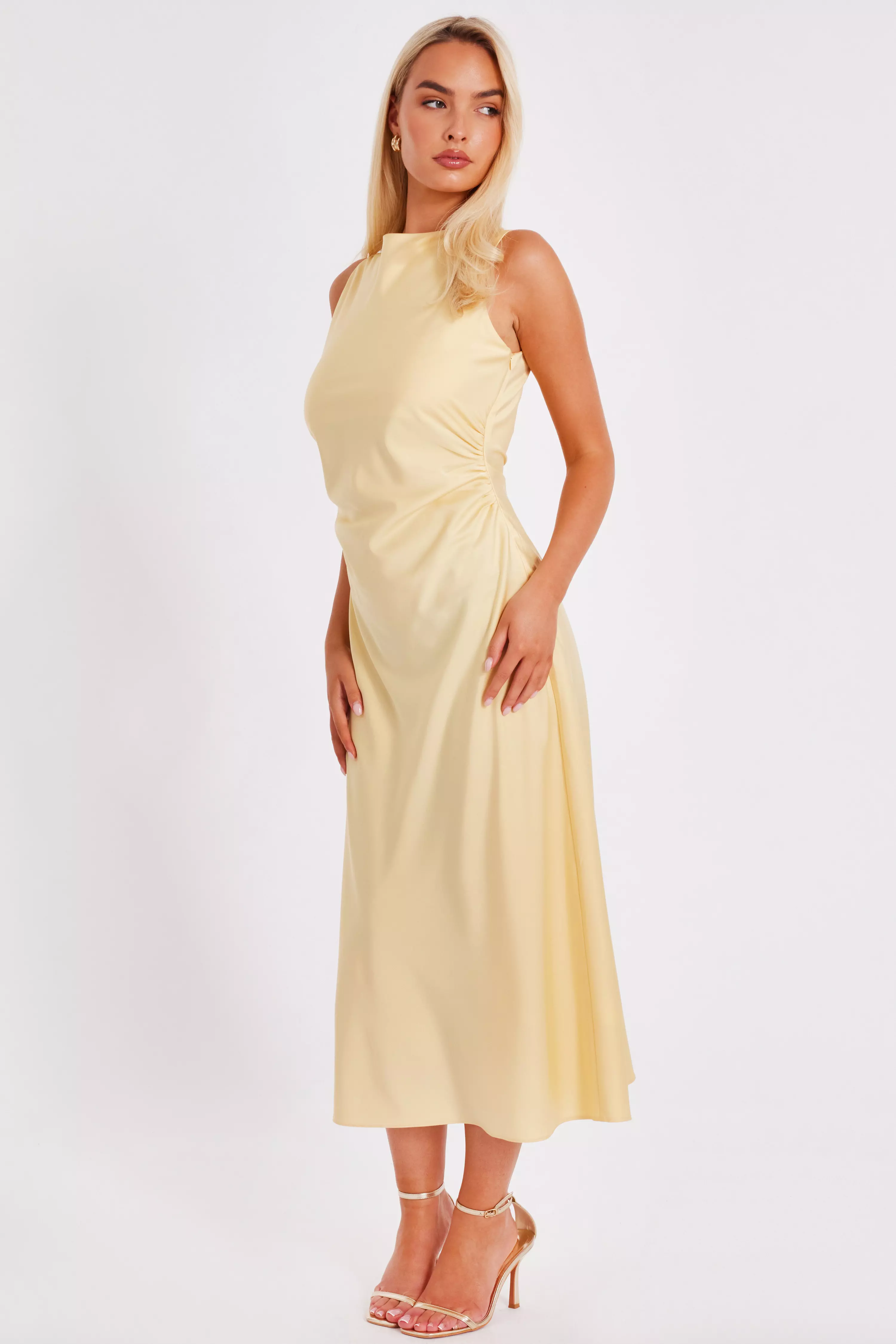 Light Yellow Satin Ruched Midi Dress