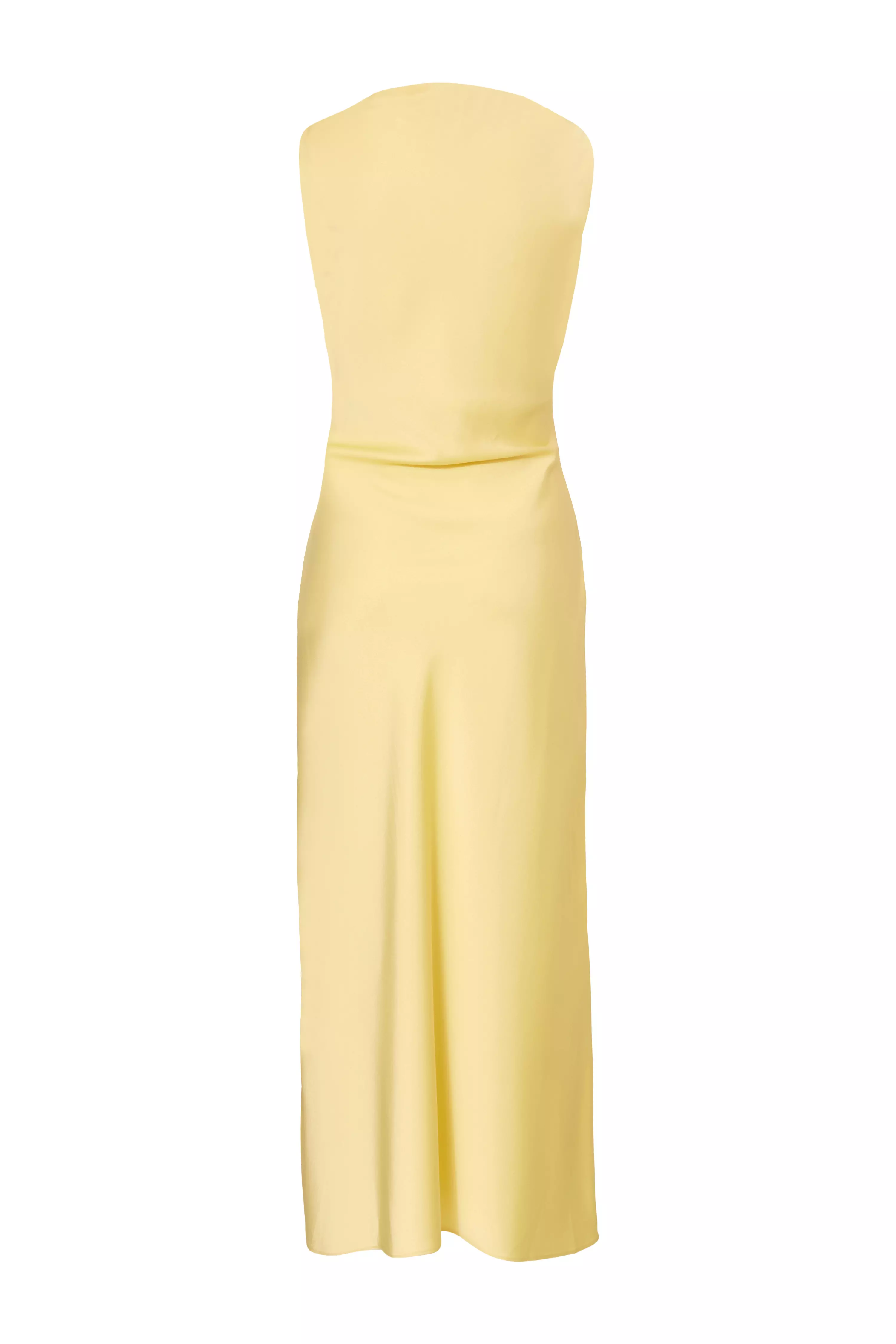 Light Yellow Satin Ruched Midi Dress