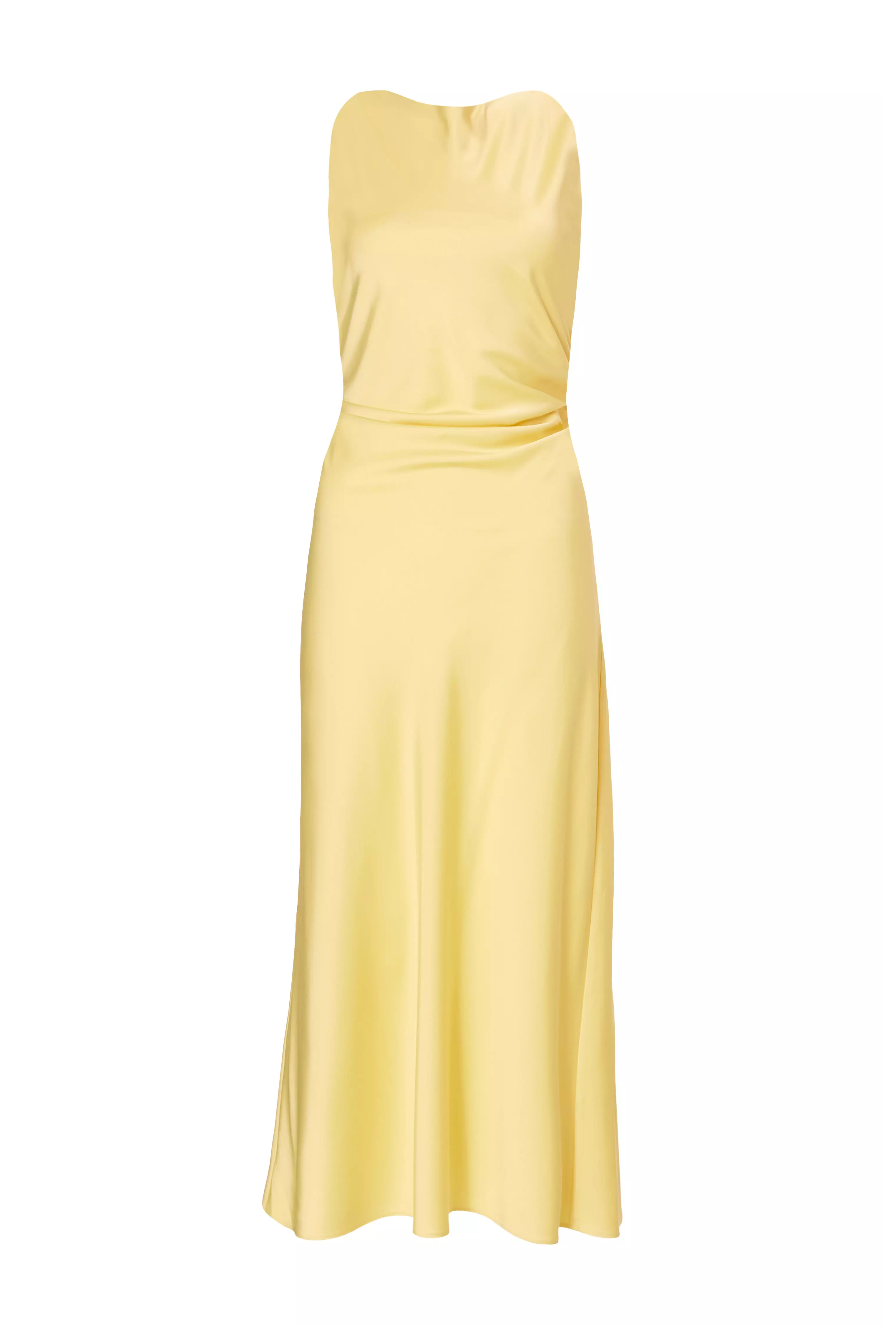 Light Yellow Satin Ruched Midi Dress