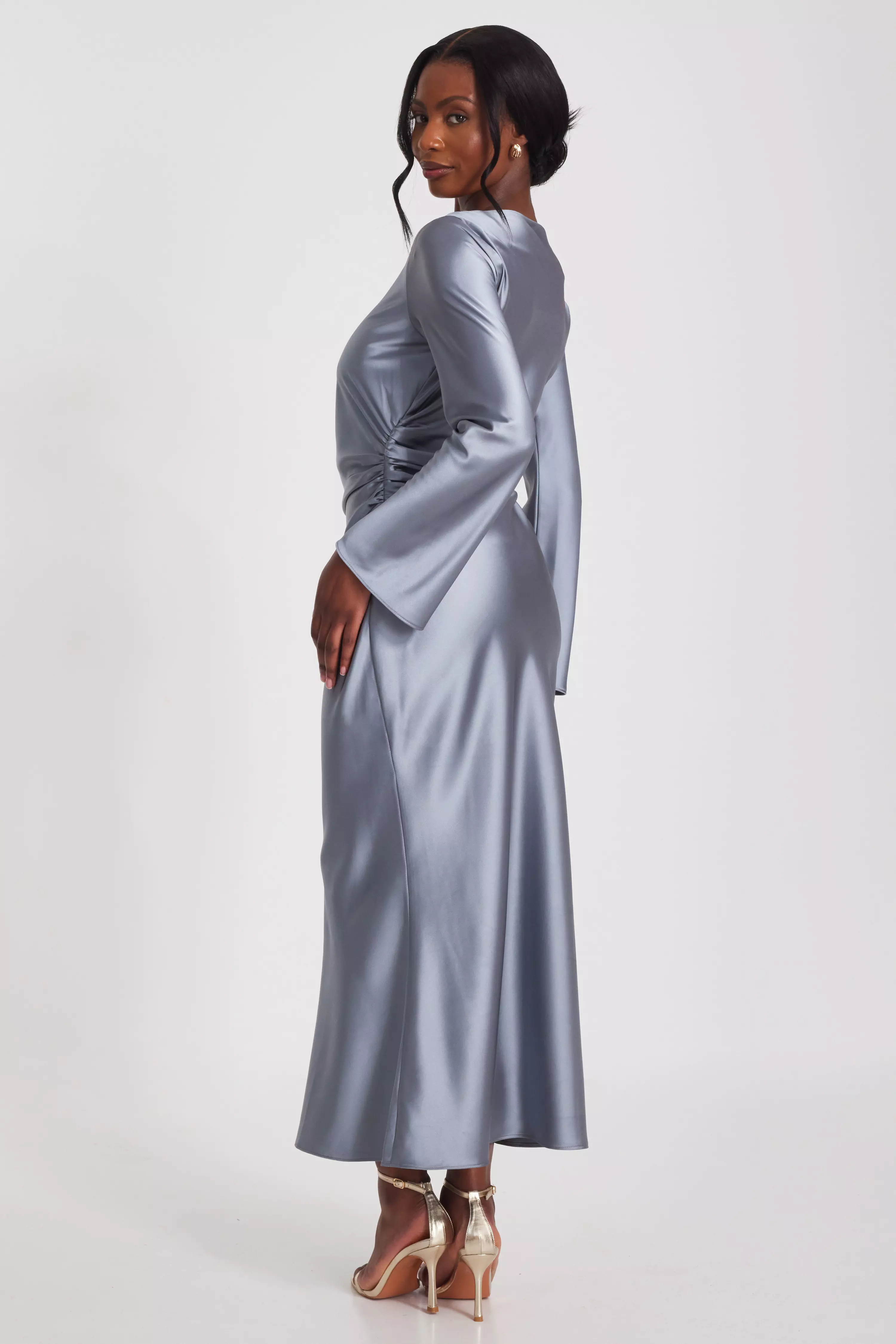 Grey Satin Ruched Side Midaxi Dress