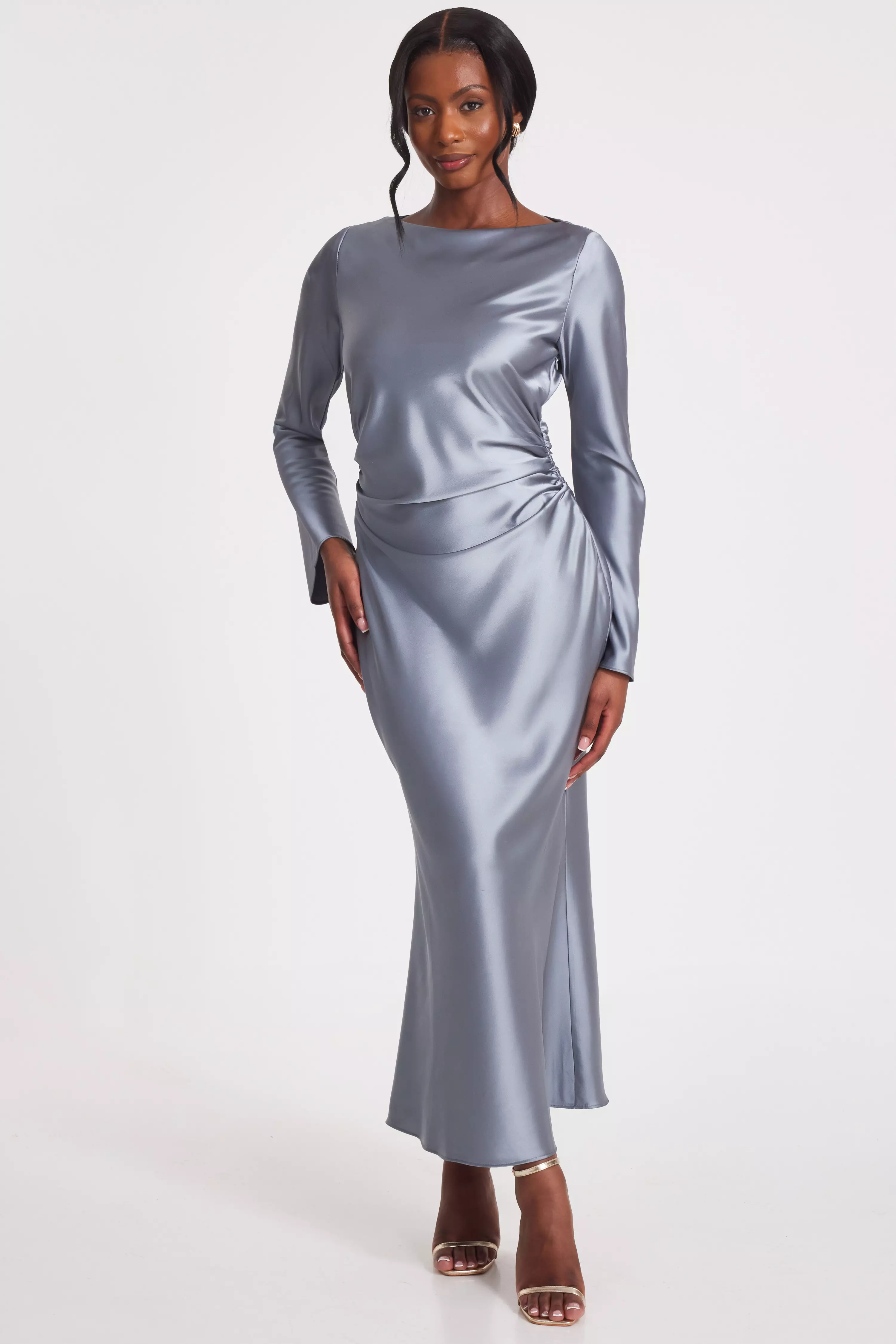 Grey Satin Ruched Side Midaxi Dress