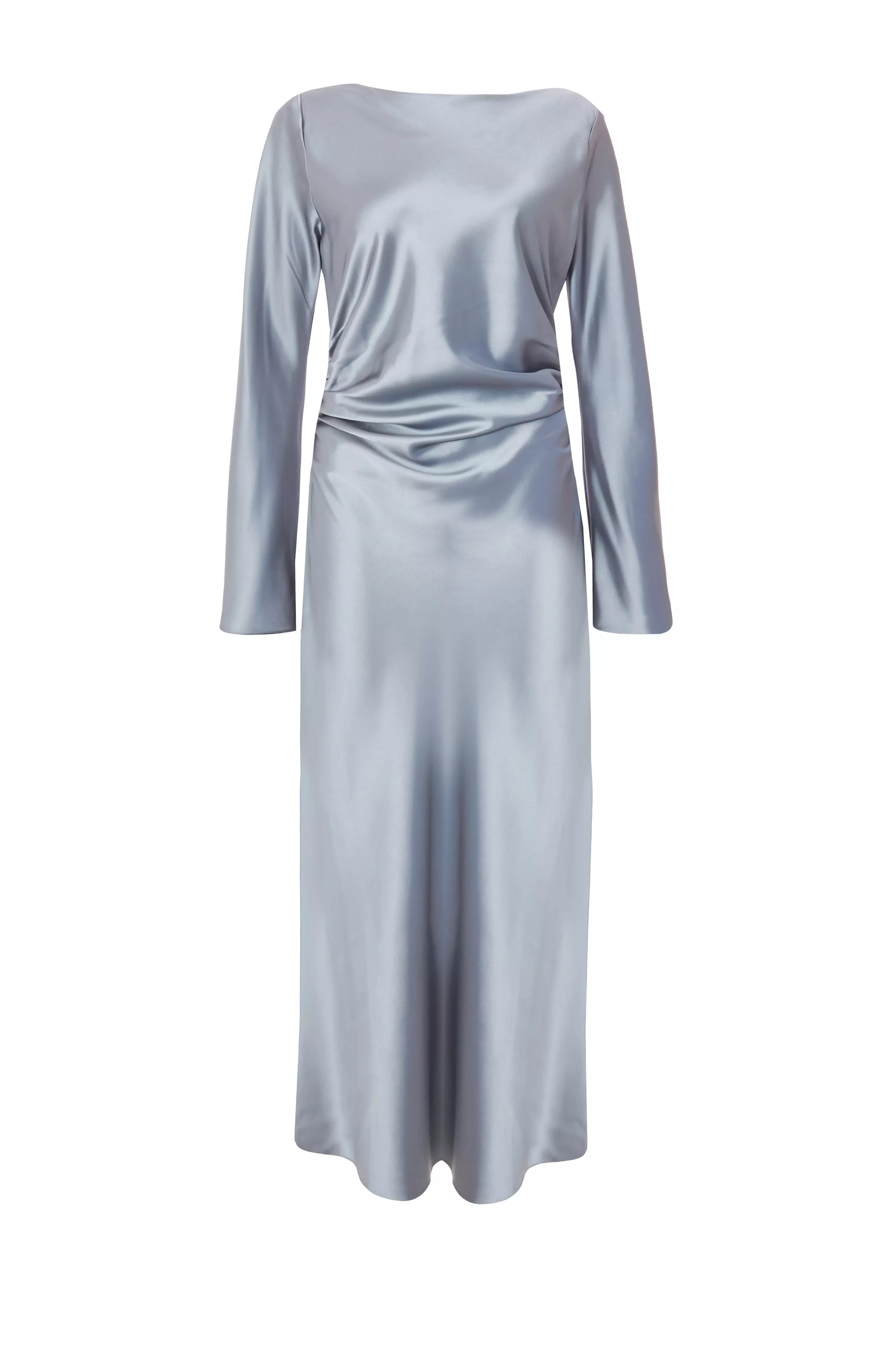 Grey Satin Ruched Side Midaxi Dress