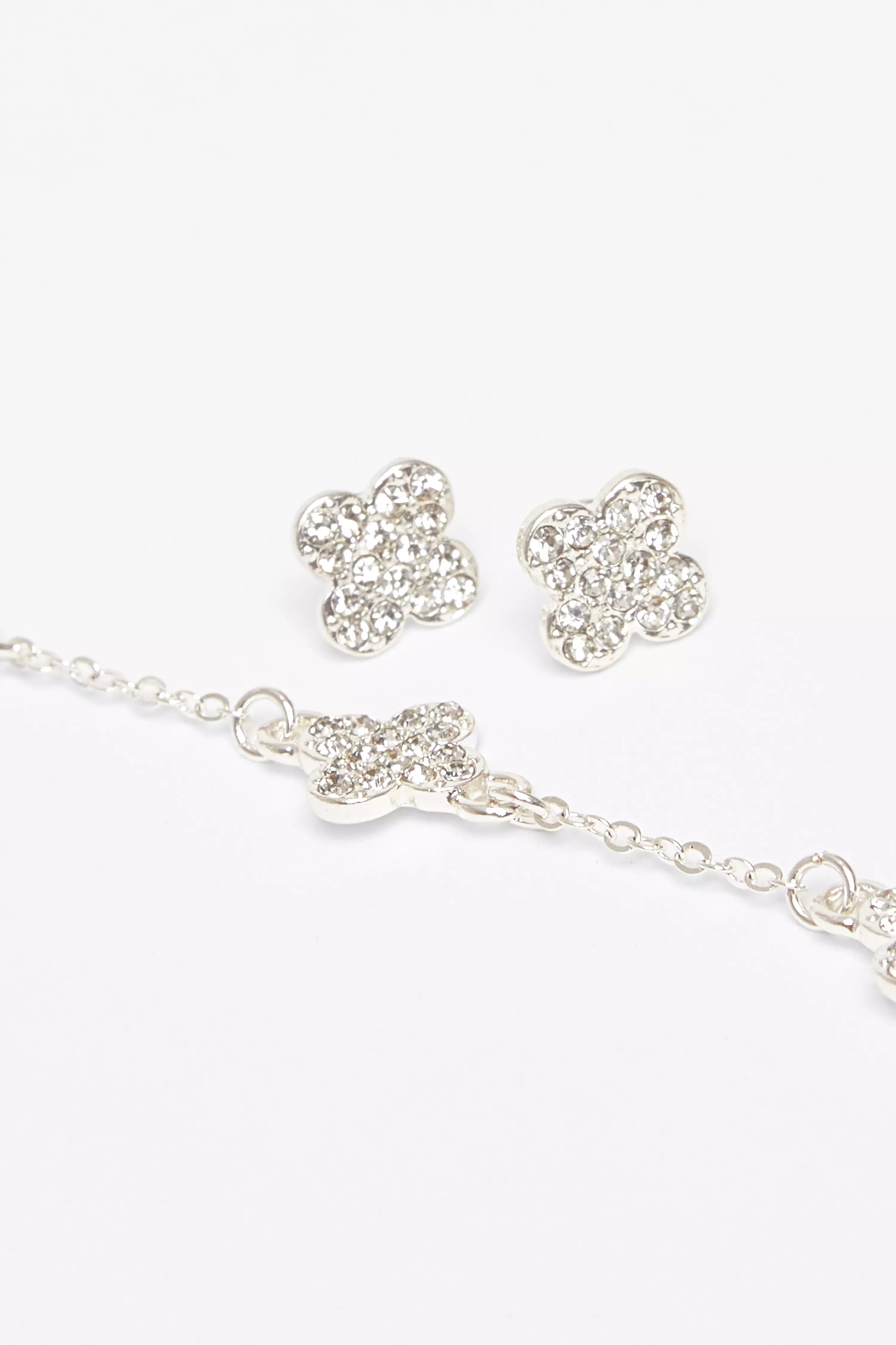 Silver Clover Diamante Jewellery Set 