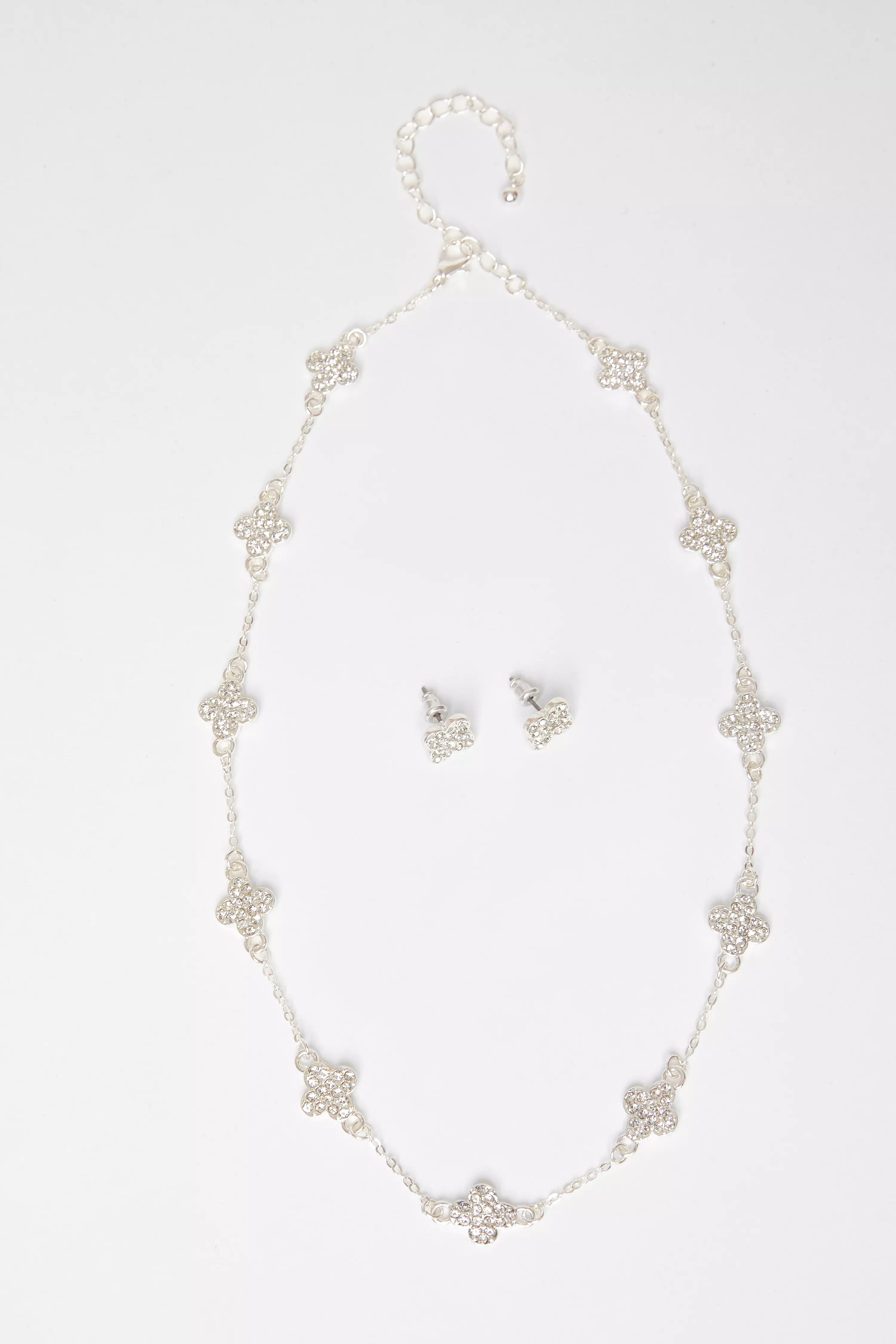 Silver Clover Diamante Jewellery Set 