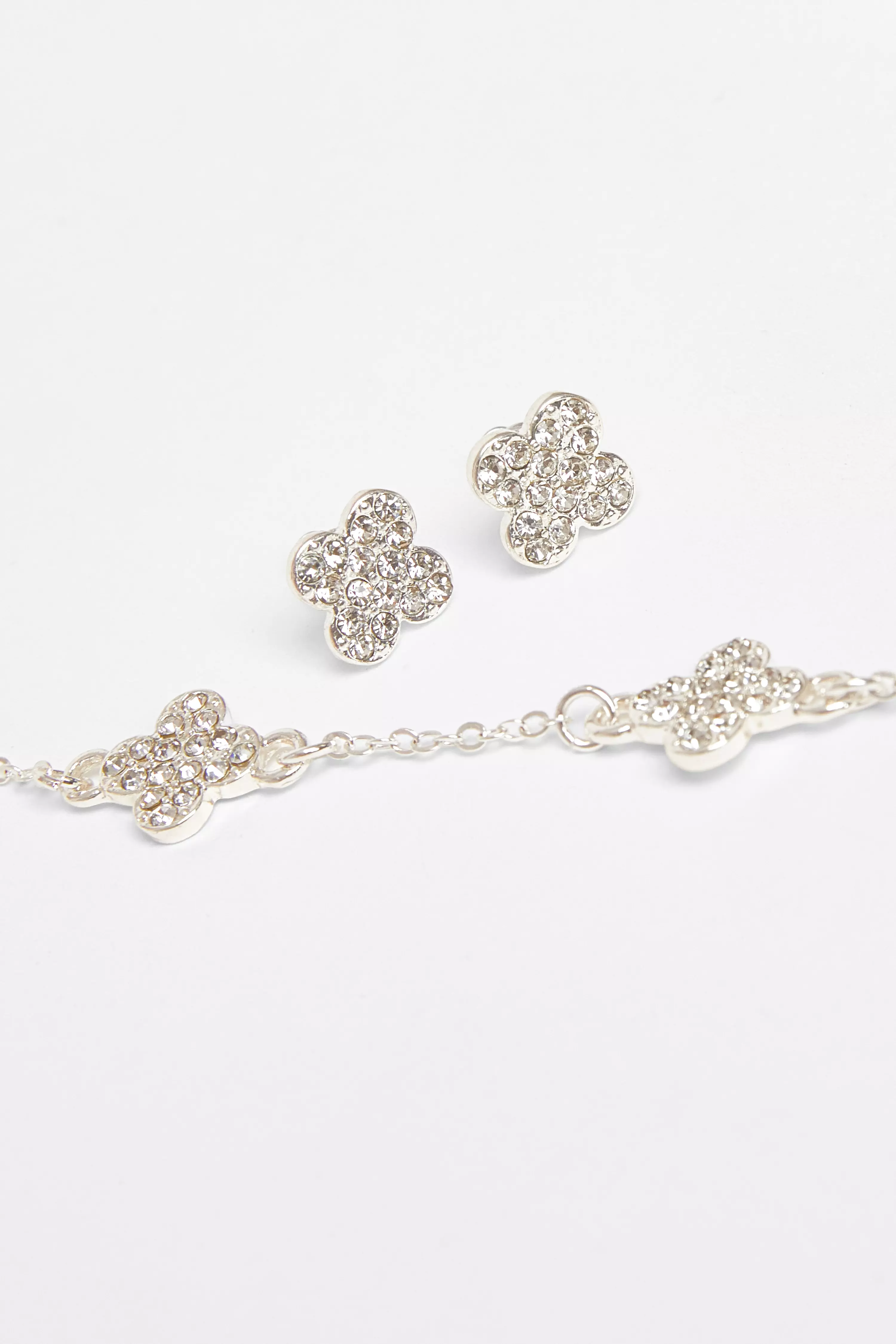 Silver Clover Diamante Jewellery Set 
