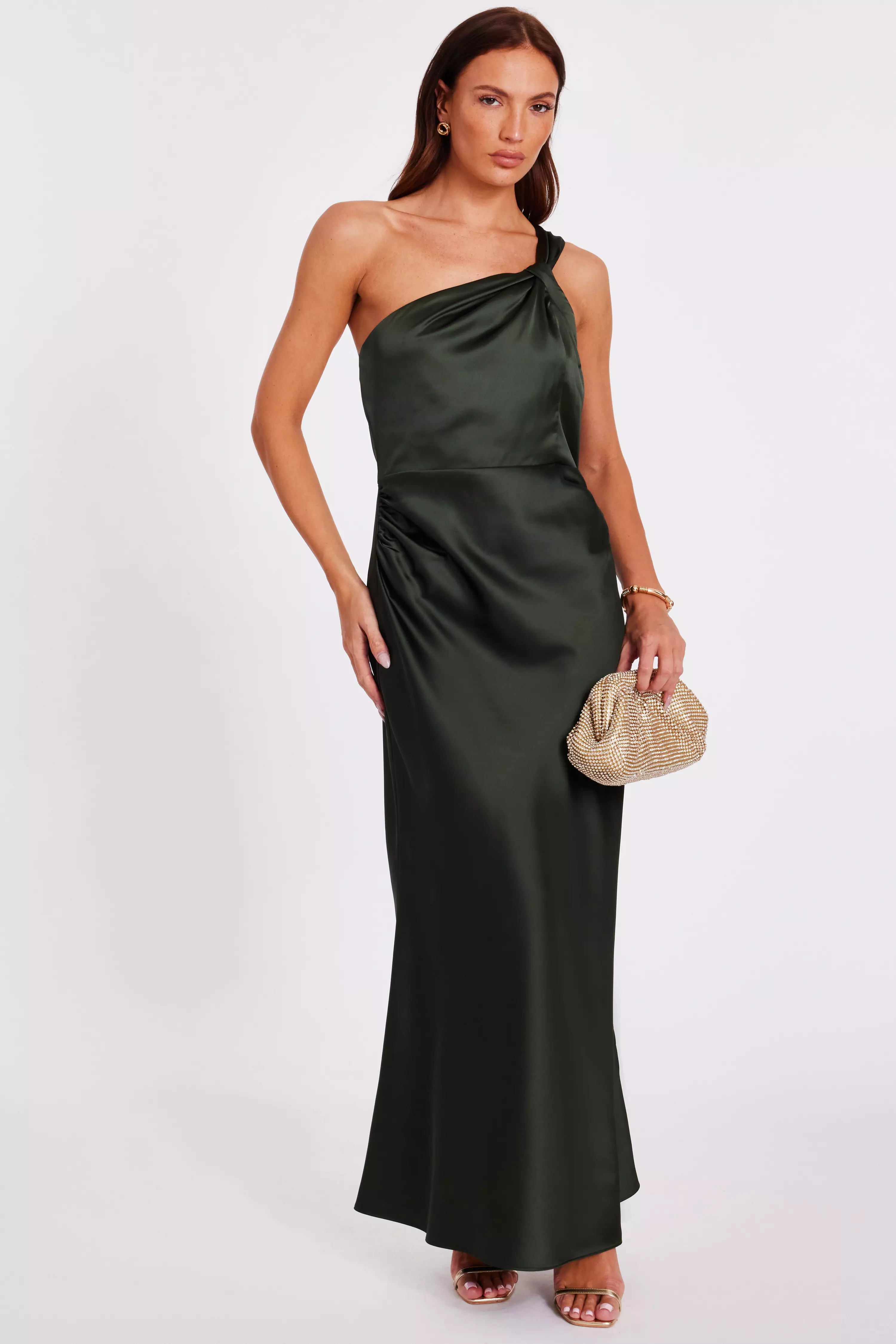 Dark Green Satin One Shoulder Midaxi Dress