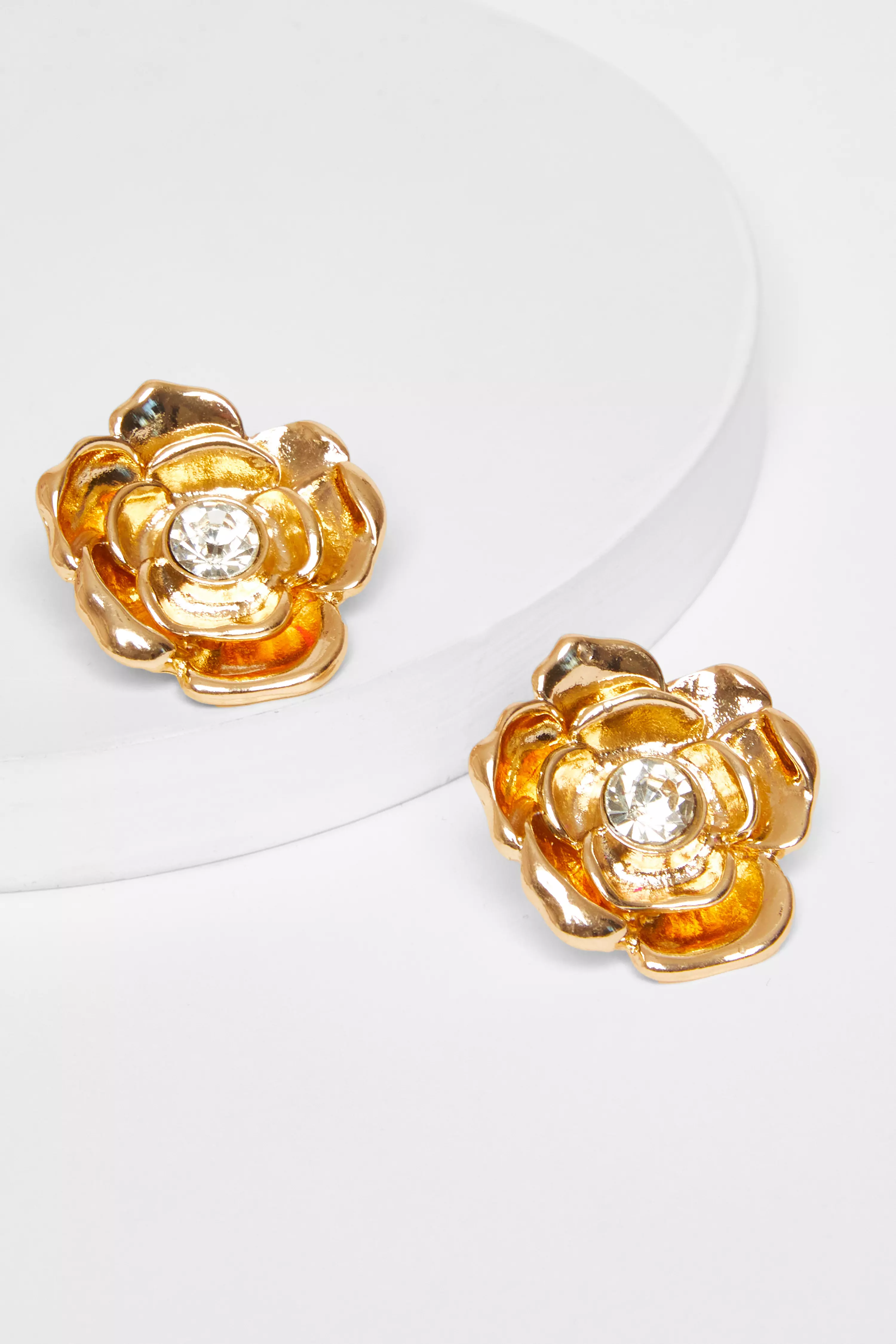 Gold Metallic Floral Stud Earrings