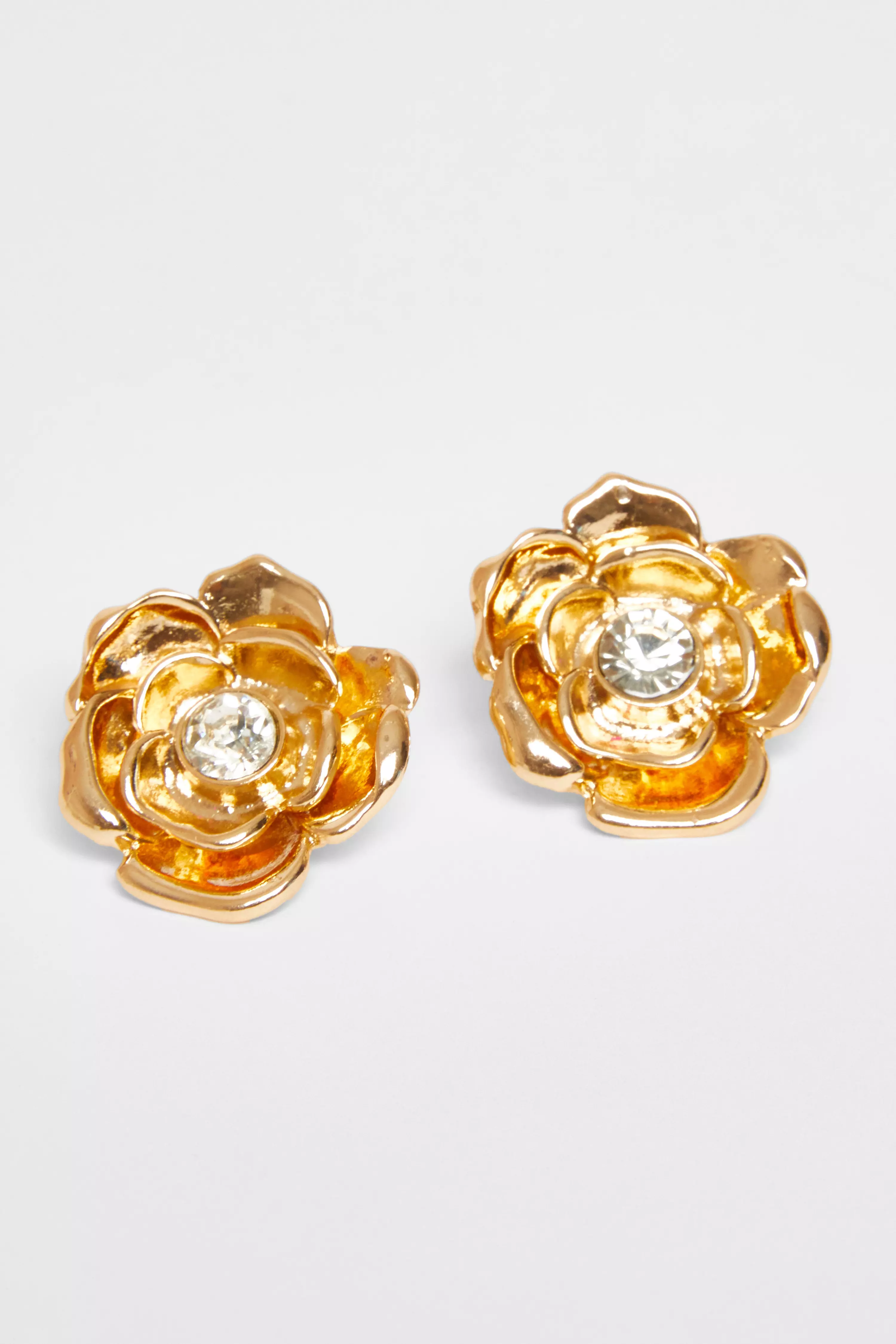 Gold Metallic Floral Stud Earrings