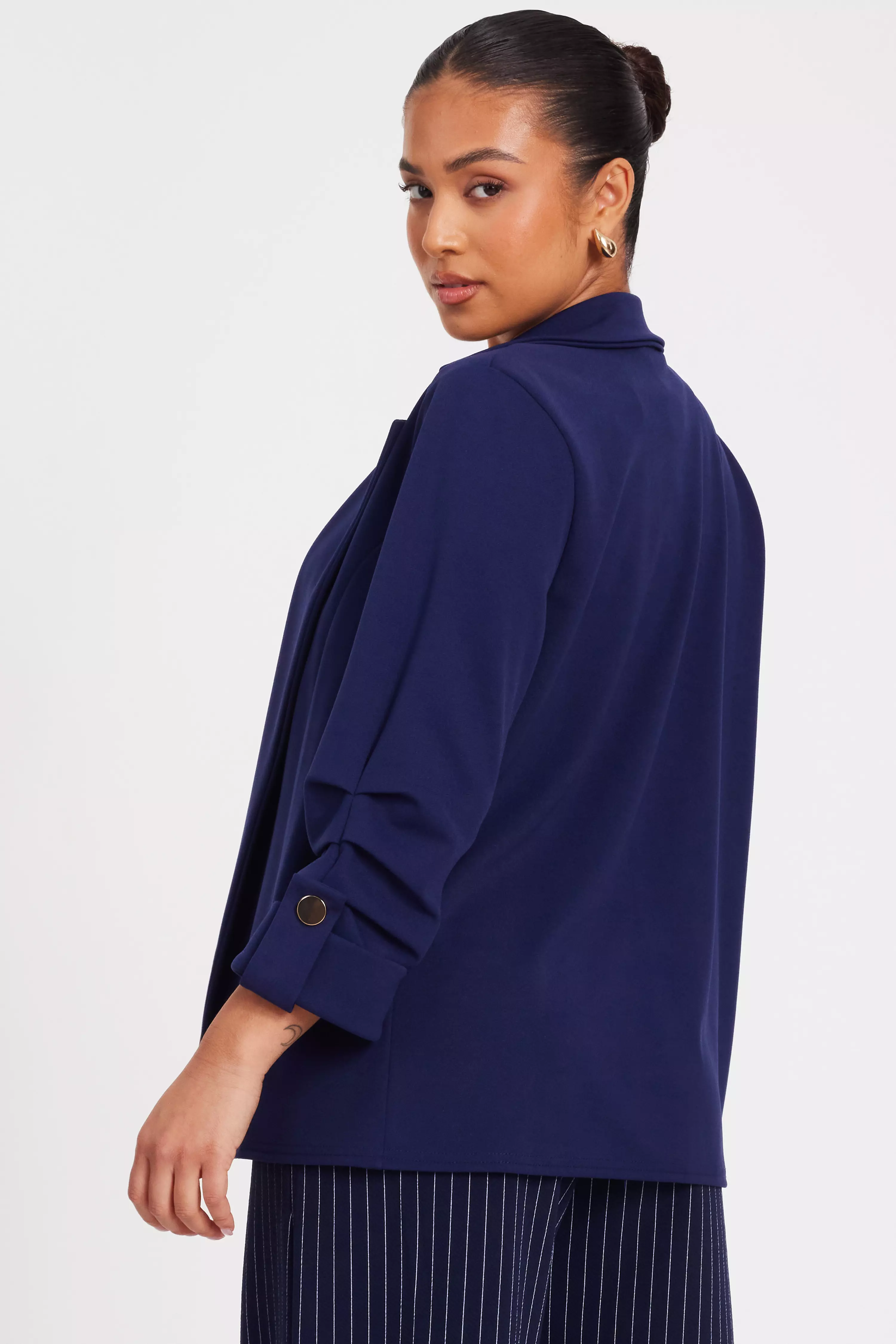 Petite Navy Ruched Sleeve Blazer