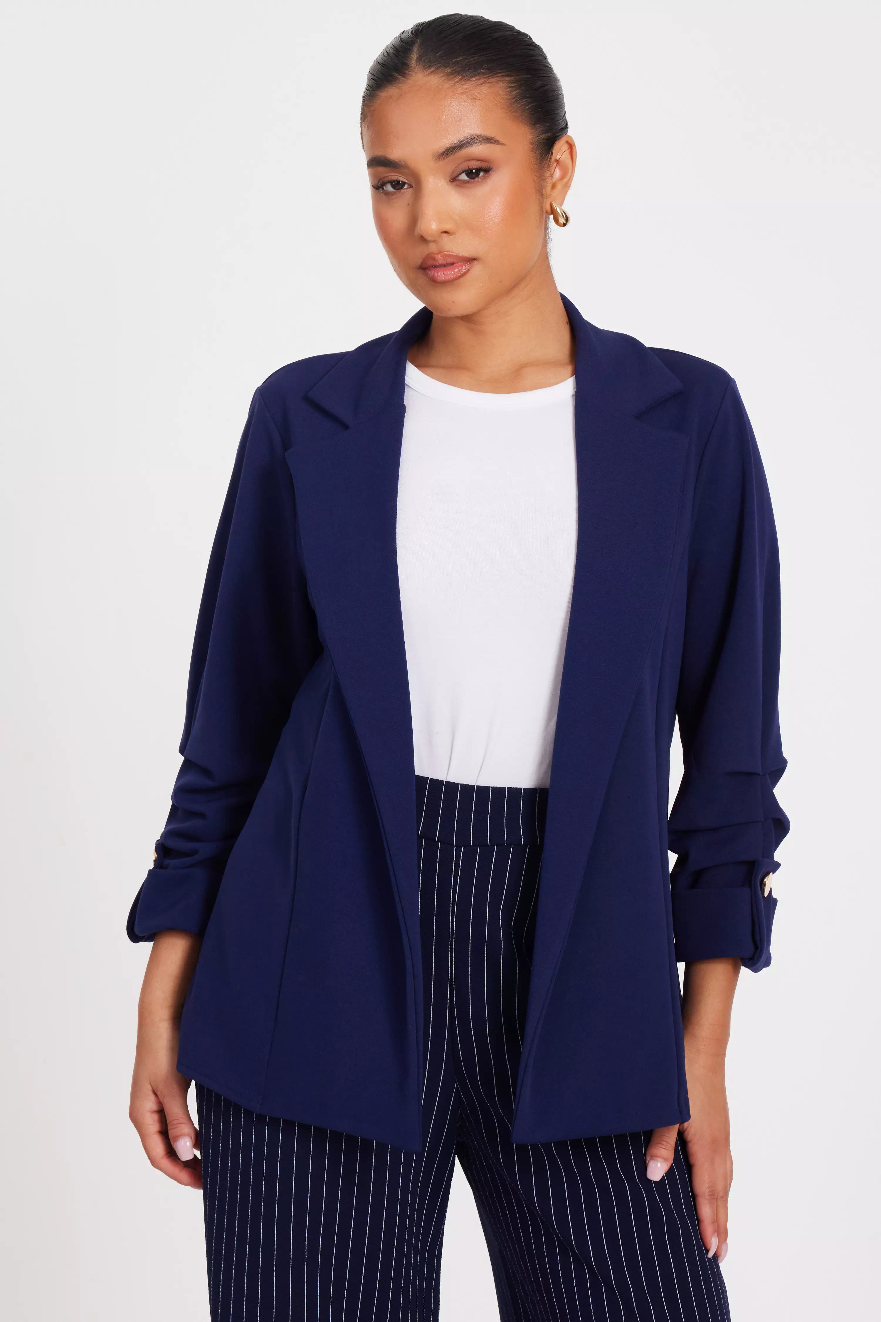 Petite Navy Ruched Sleeve Blazer