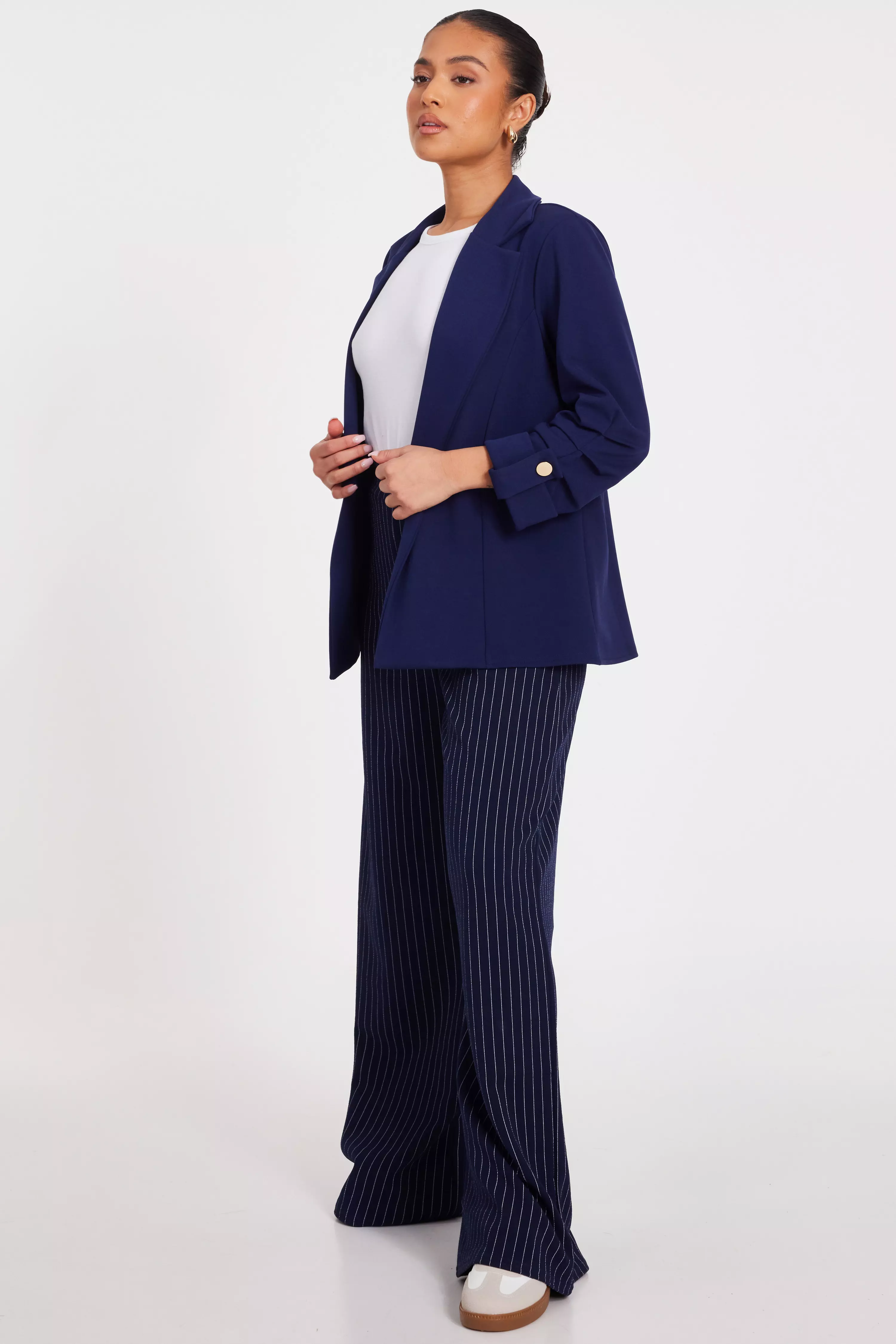 Petite Navy Ruched Sleeve Blazer