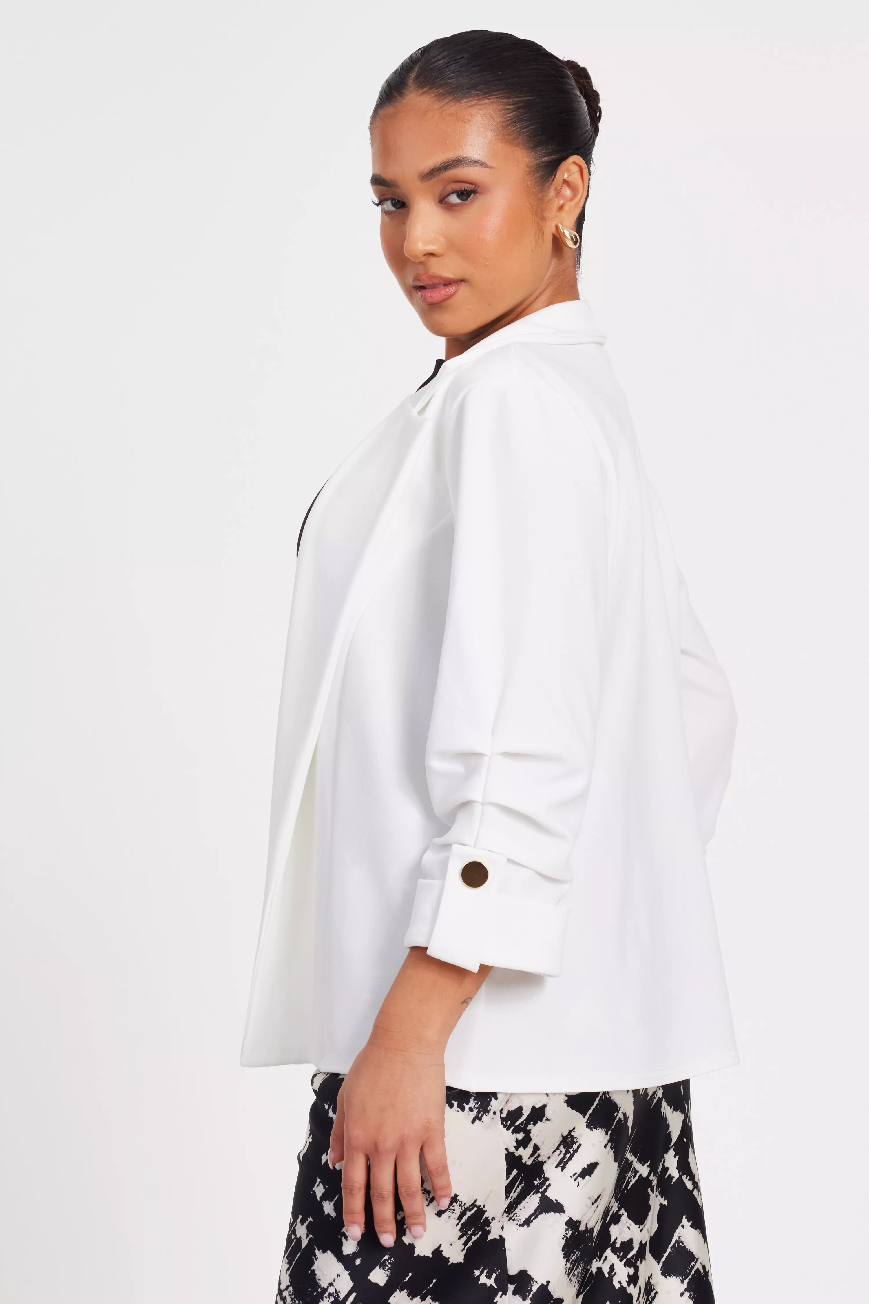 Petite Cream Ruched Sleeve Blazer