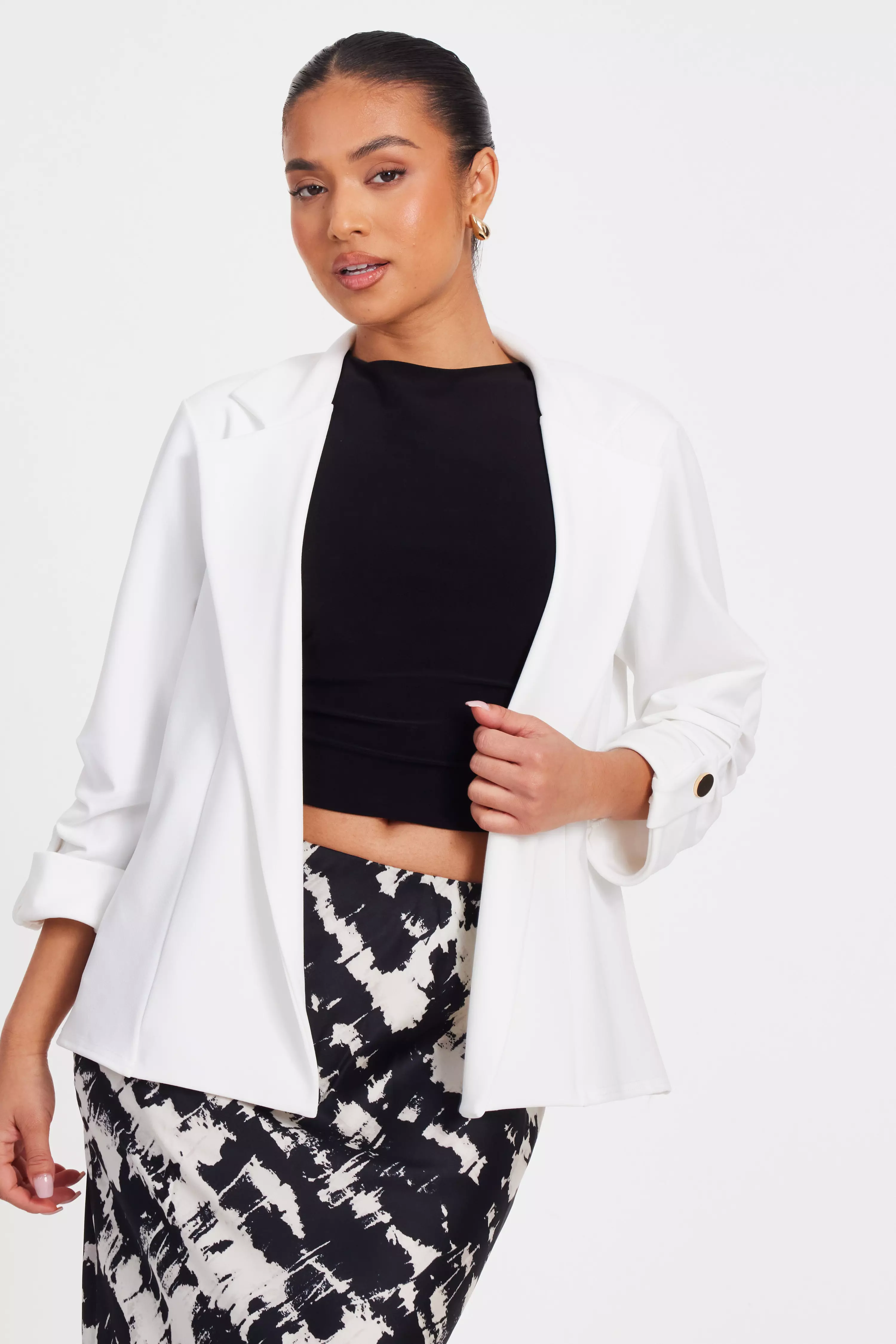 Petite Cream Ruched Sleeve Blazer