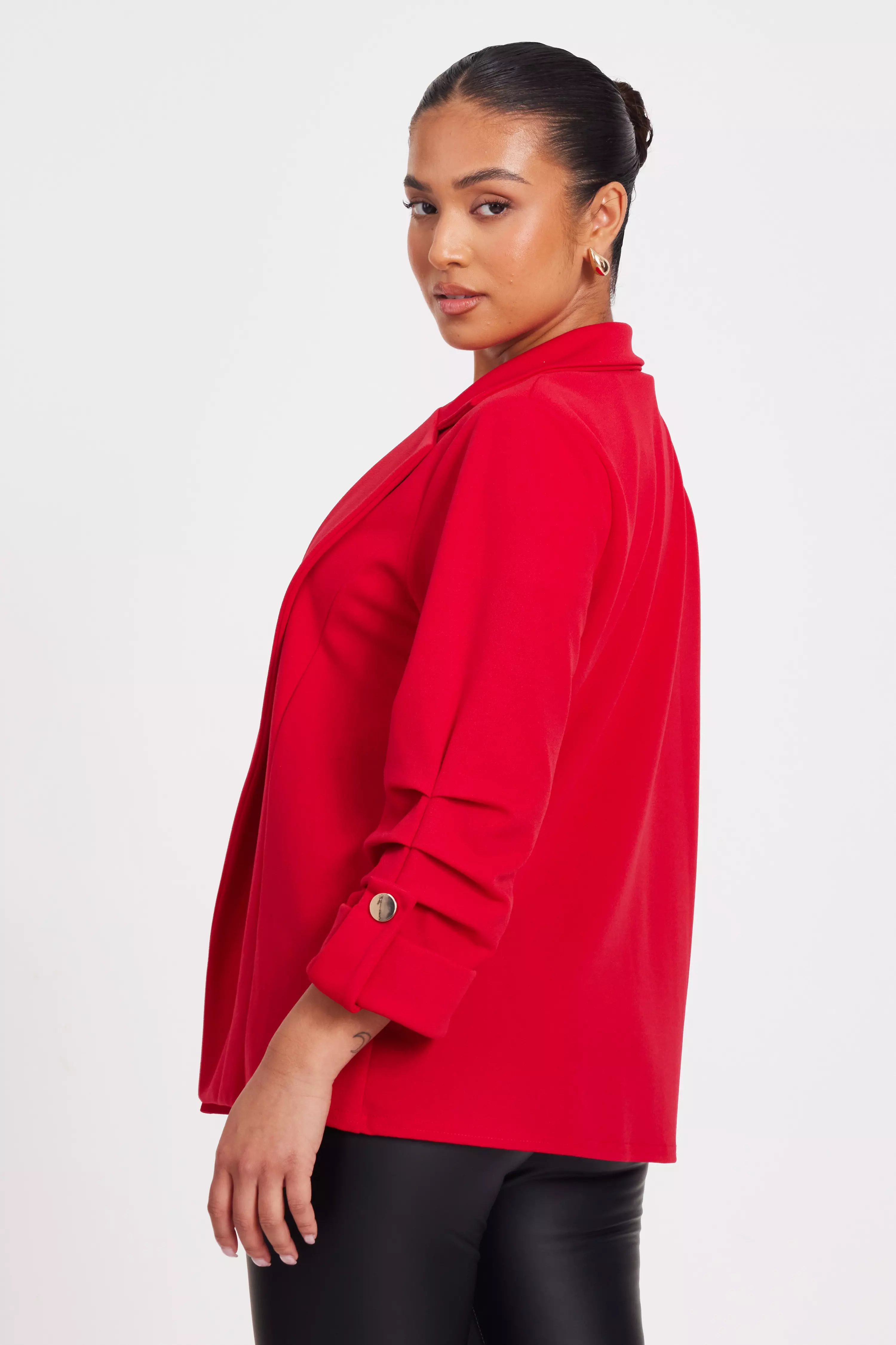 Petite Red Ruched Sleeve Blazer