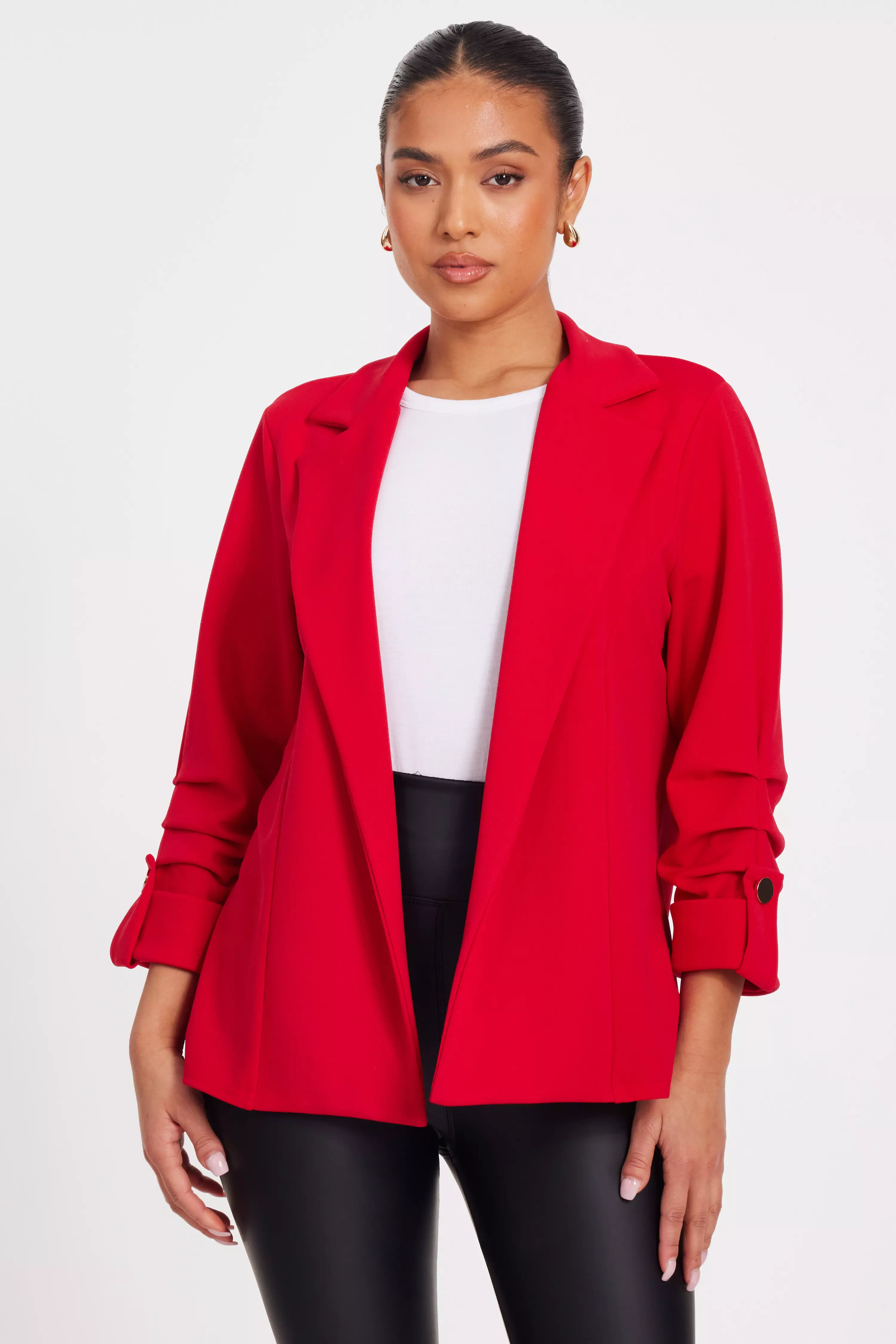 Petite Red Ruched Sleeve Blazer