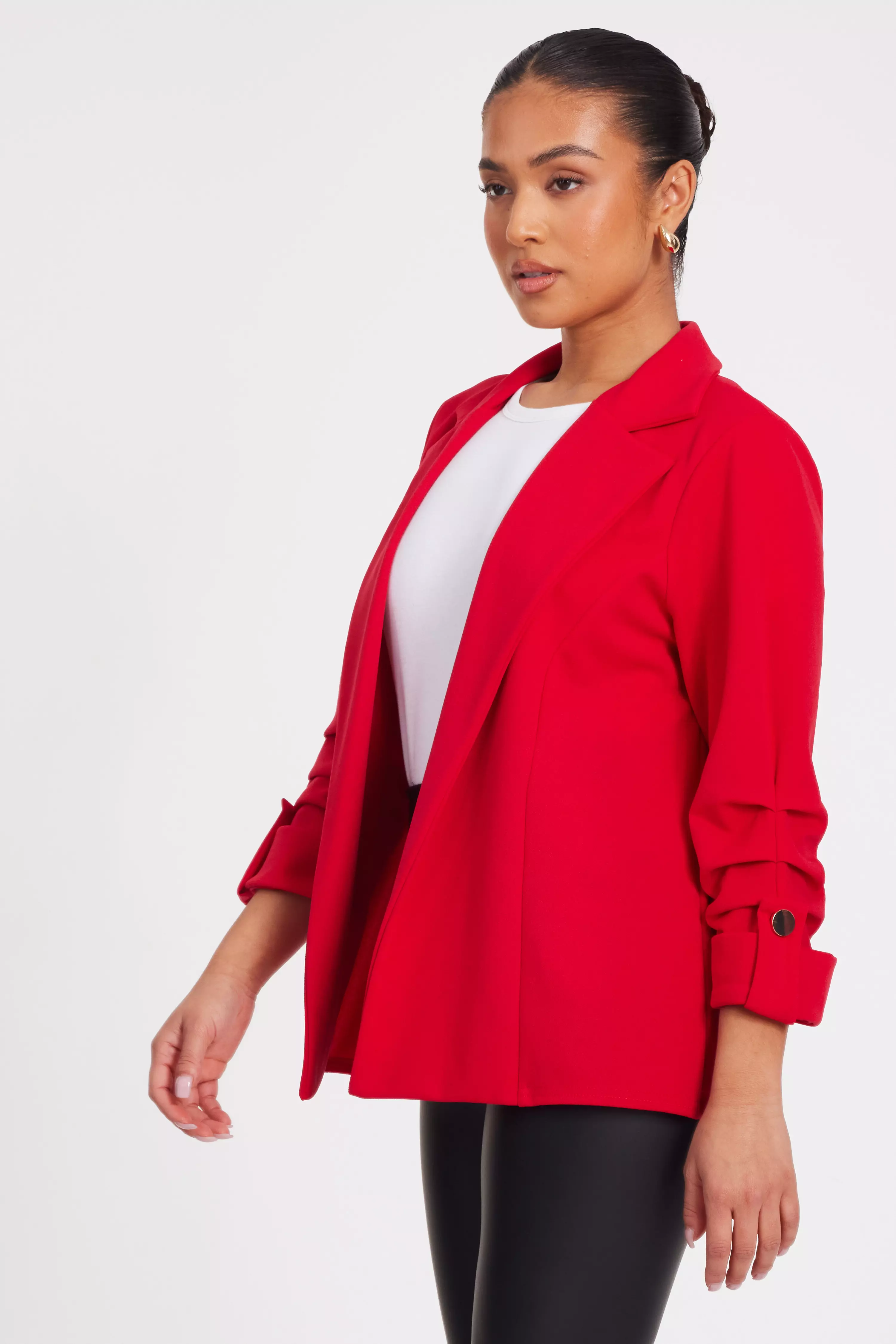 Petite Red Ruched Sleeve Blazer