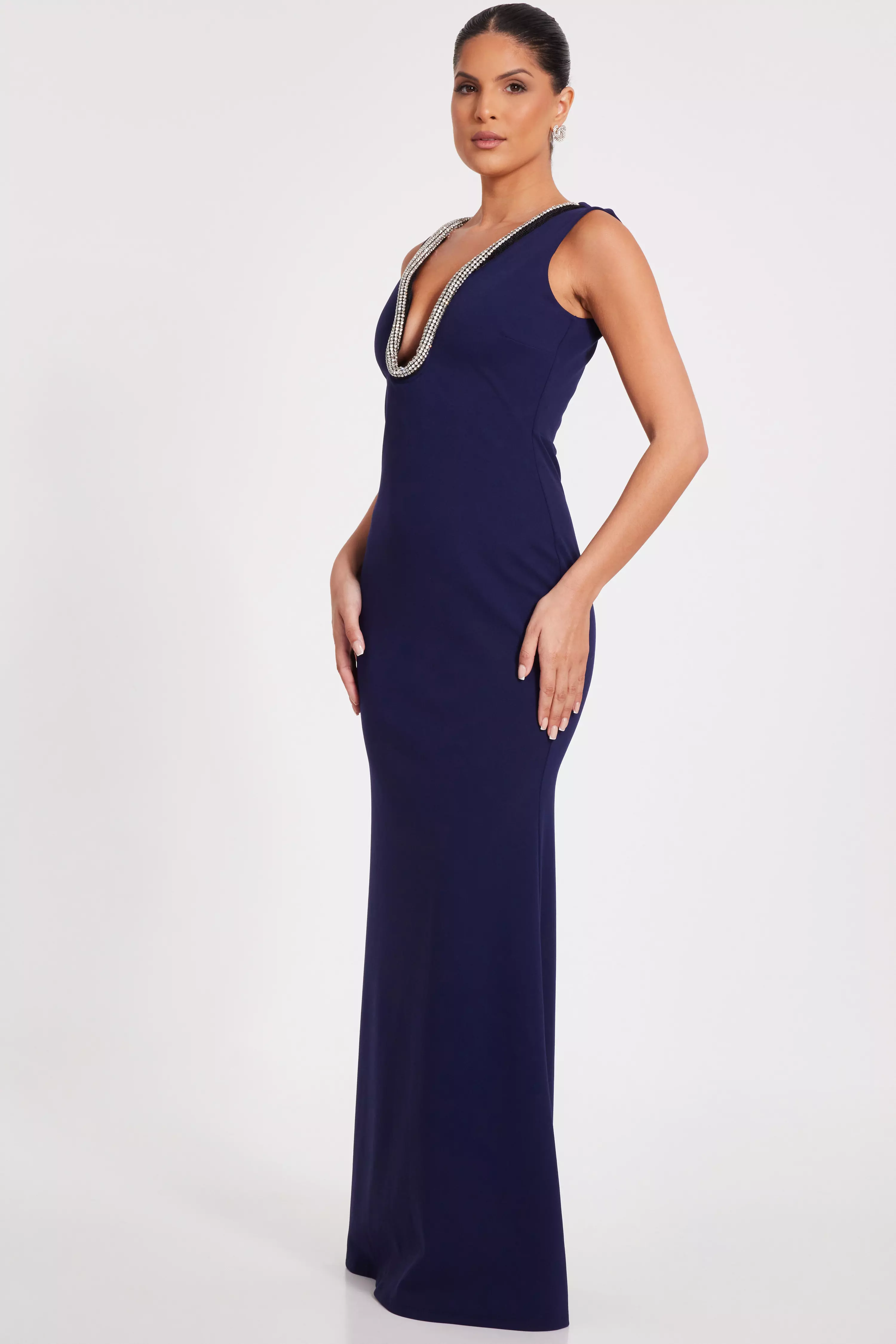 Navy Diamante Trim Maxi Dress