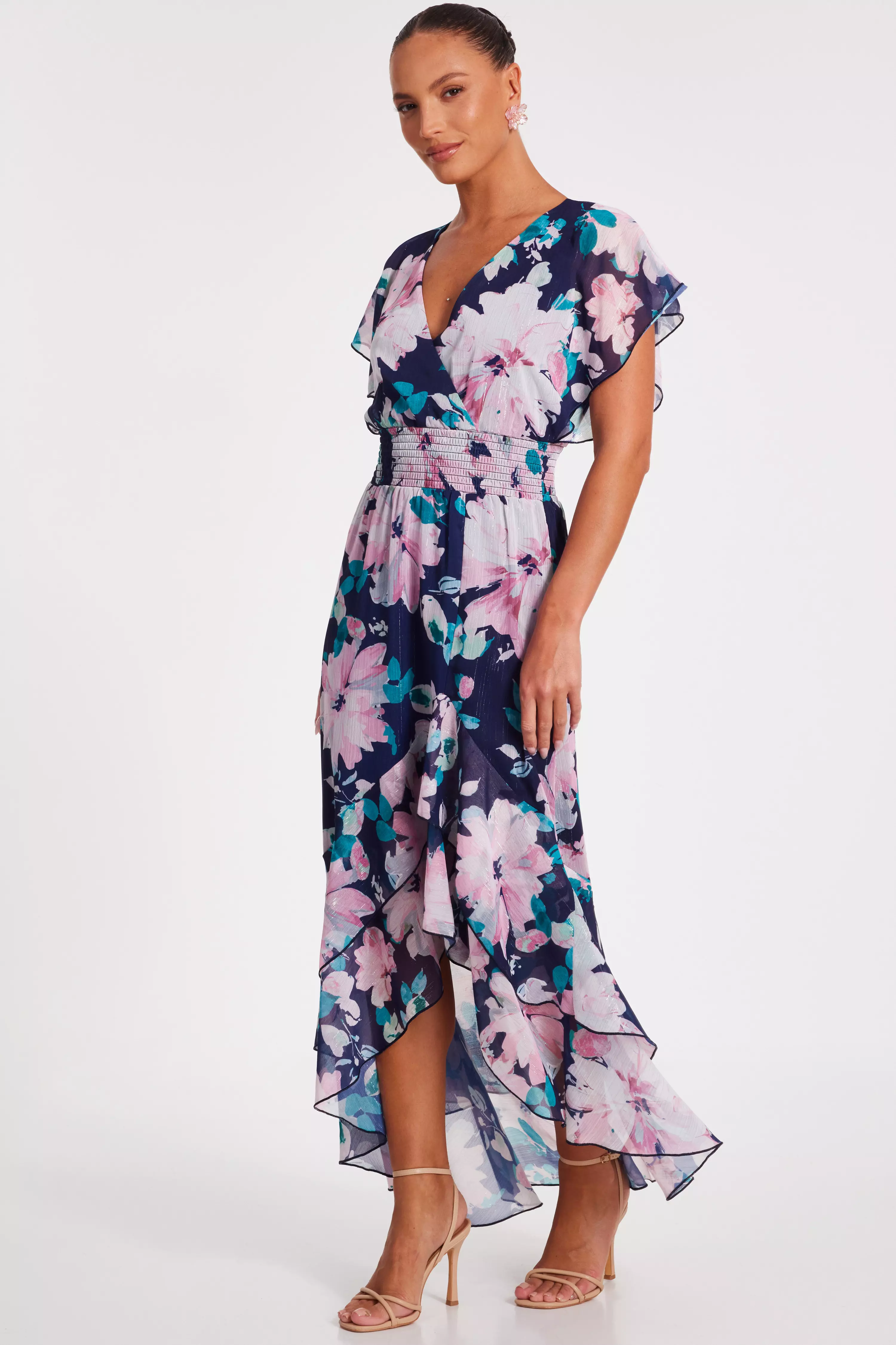 Navy Floral Tiered Midi Dress