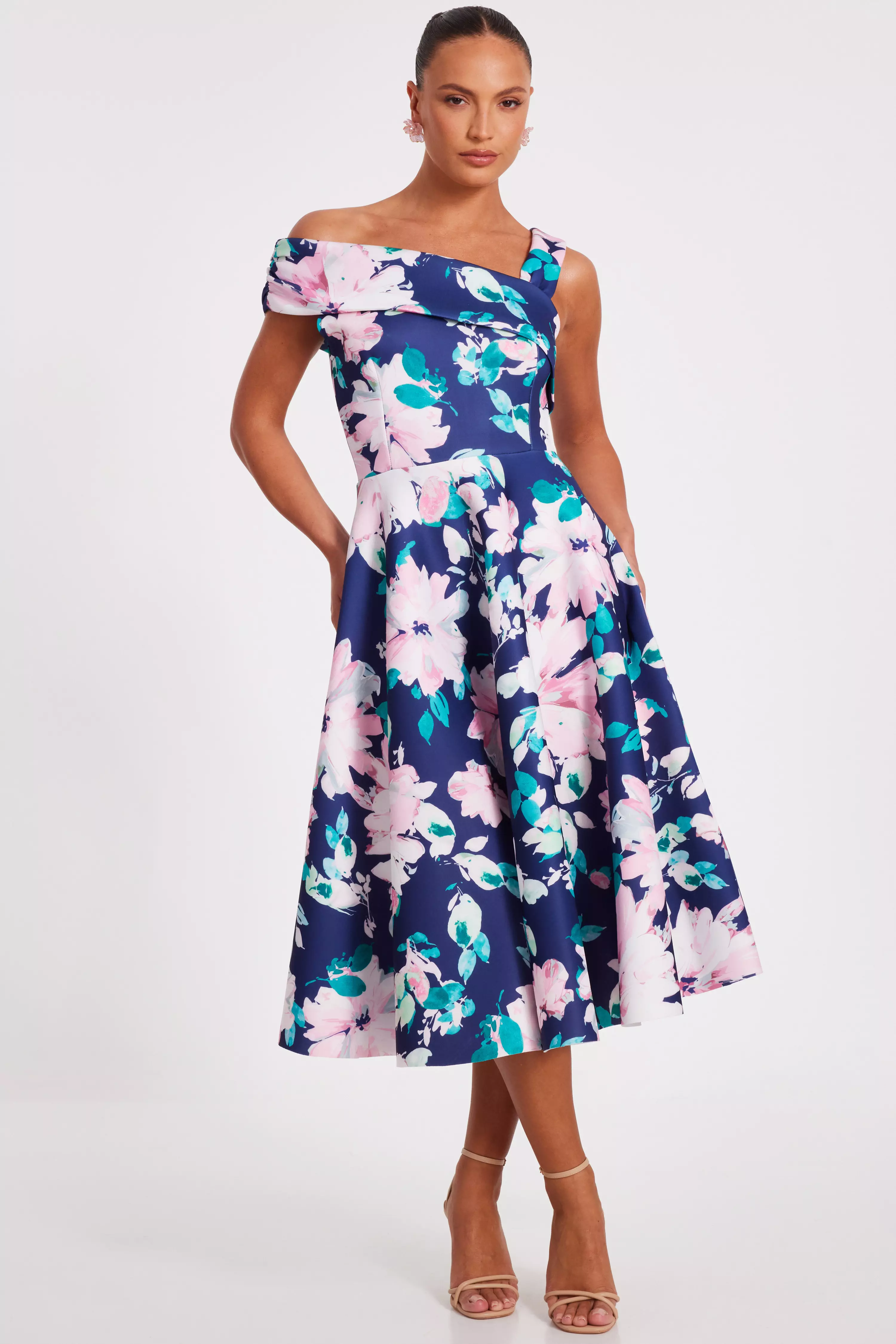 Navy Floral Print Skater Dress
