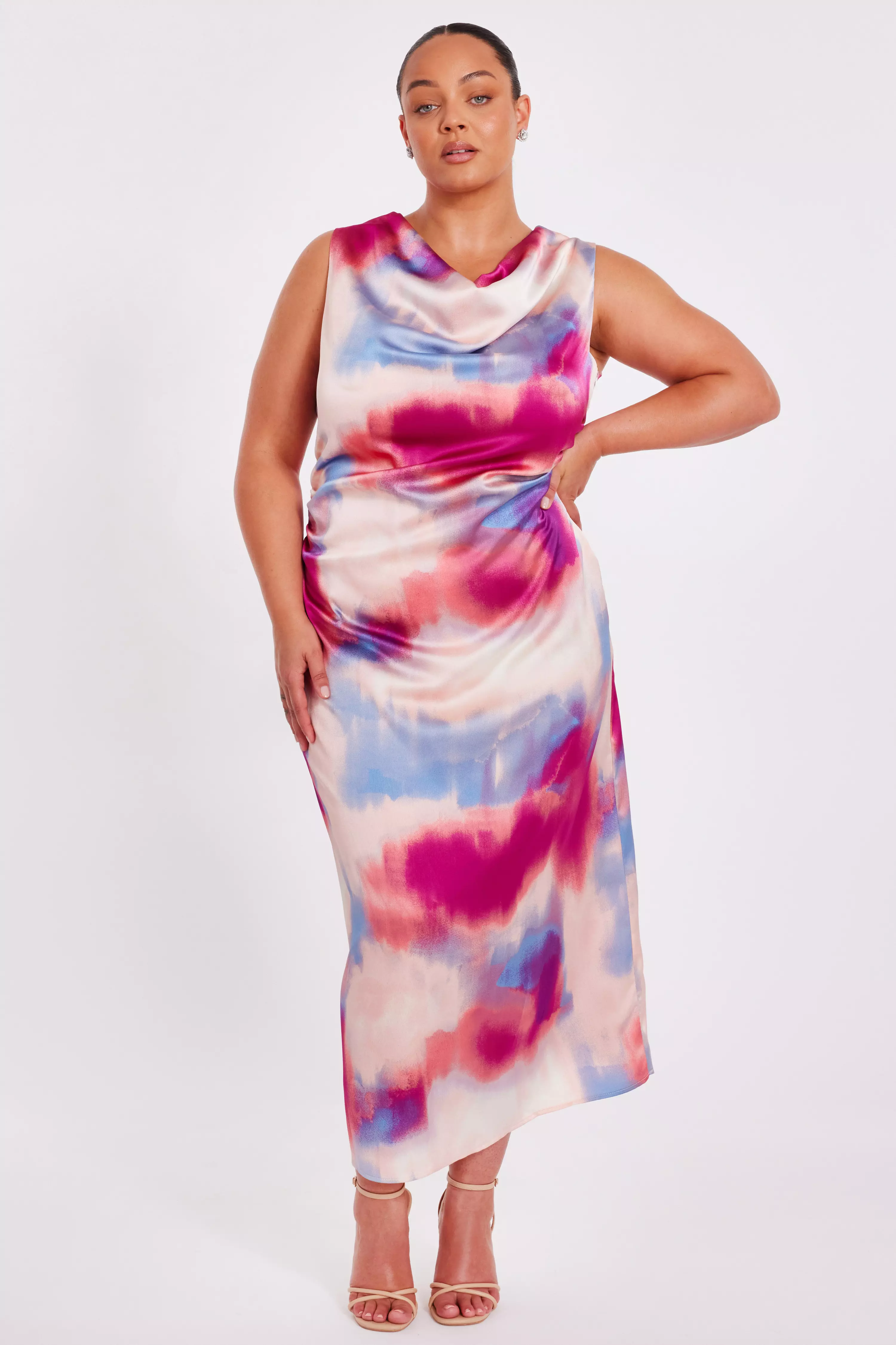Curve Pink Satin Tie Dye Midi Dress