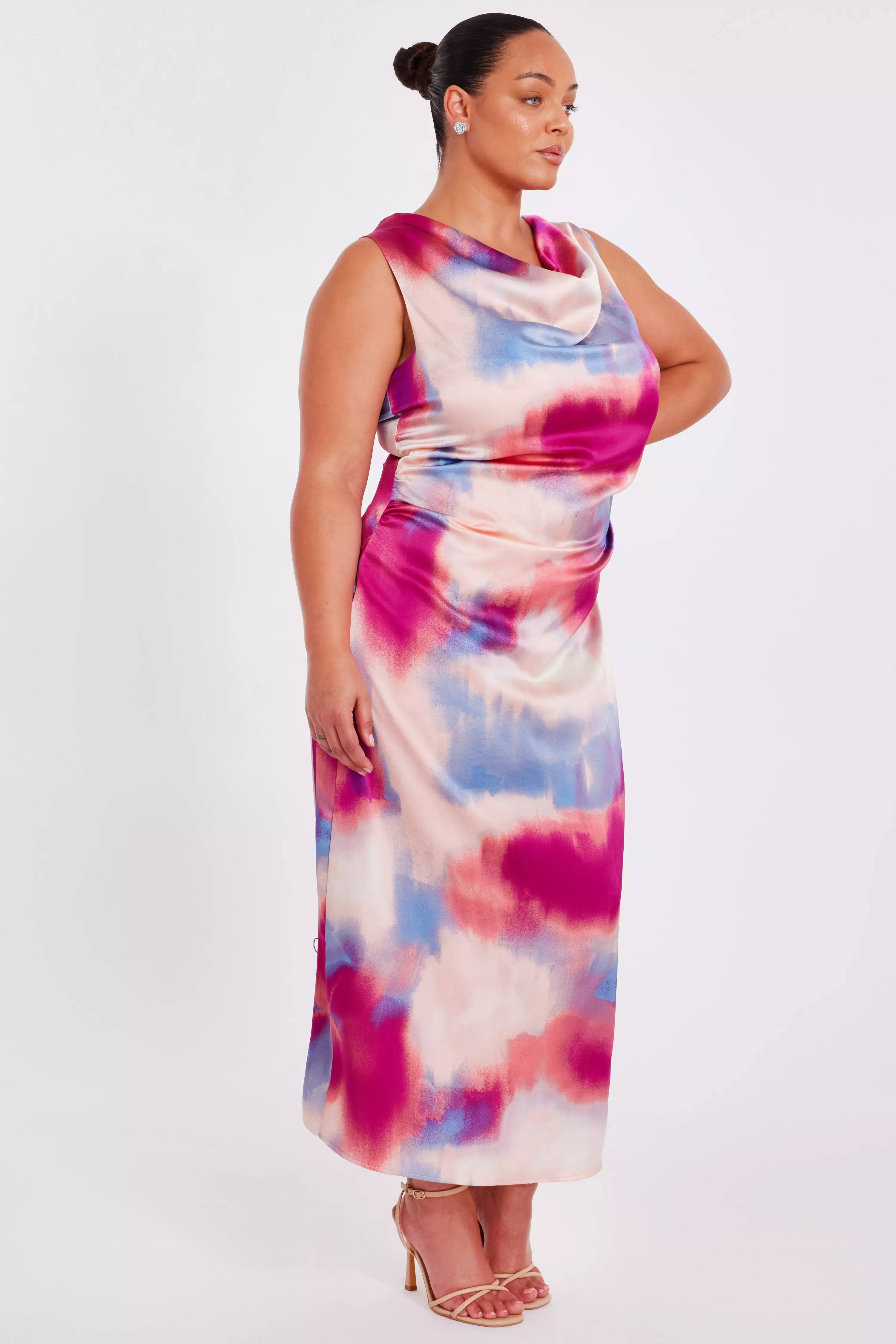 Curve Pink Satin Tie Dye Midi Dress
