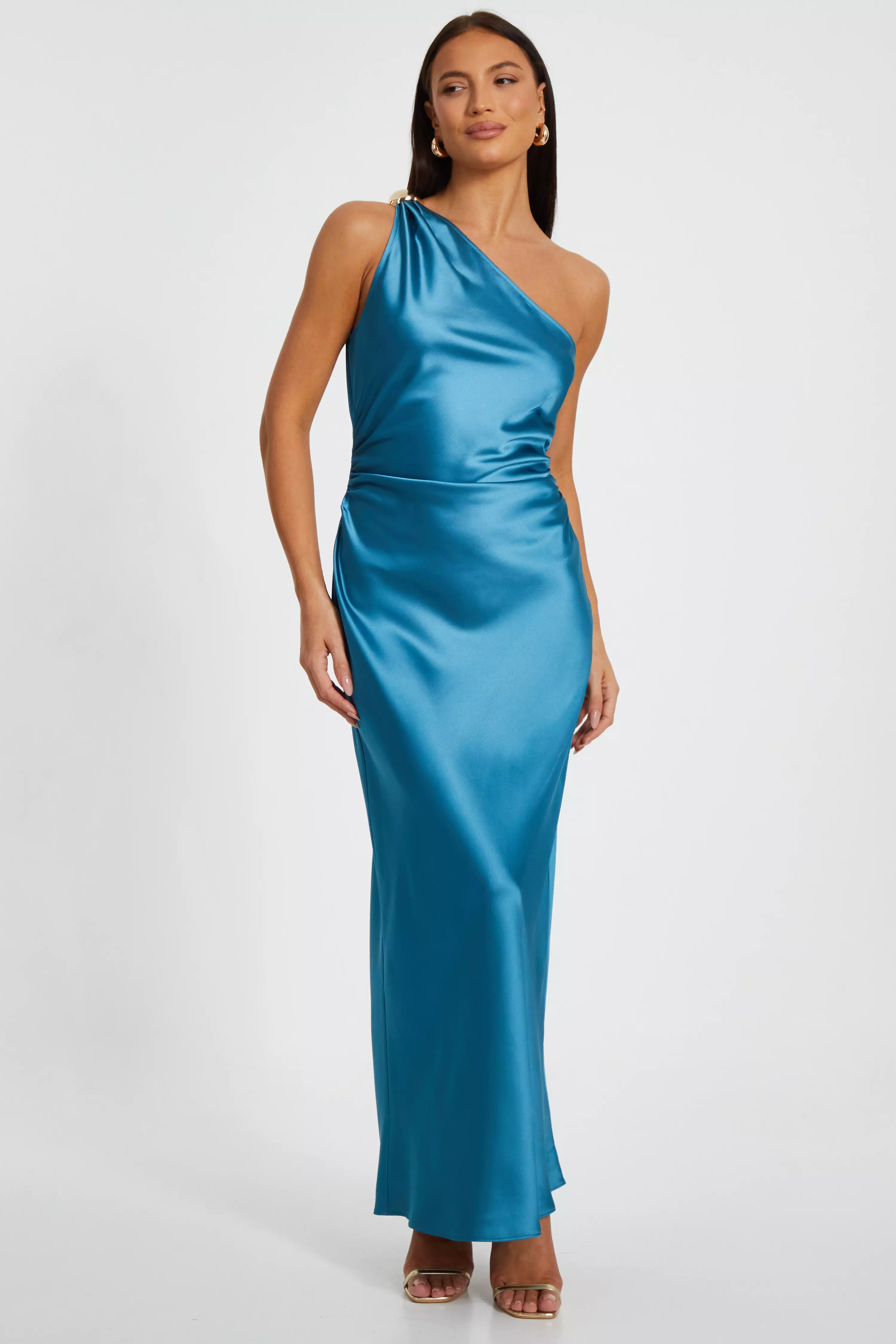 Teal Satin One Shoulder Midaxi Dress