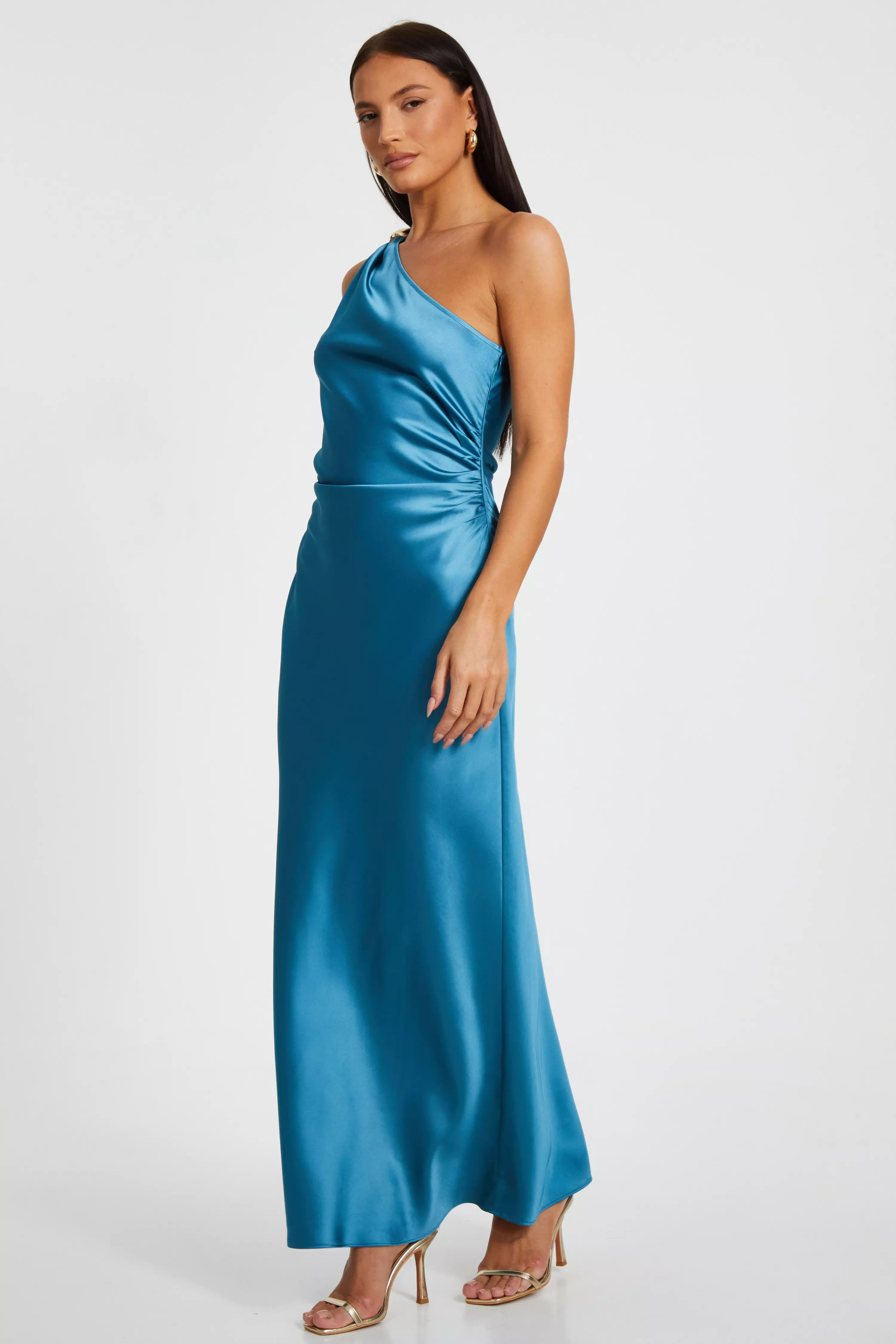 Teal Satin One Shoulder Midaxi Dress